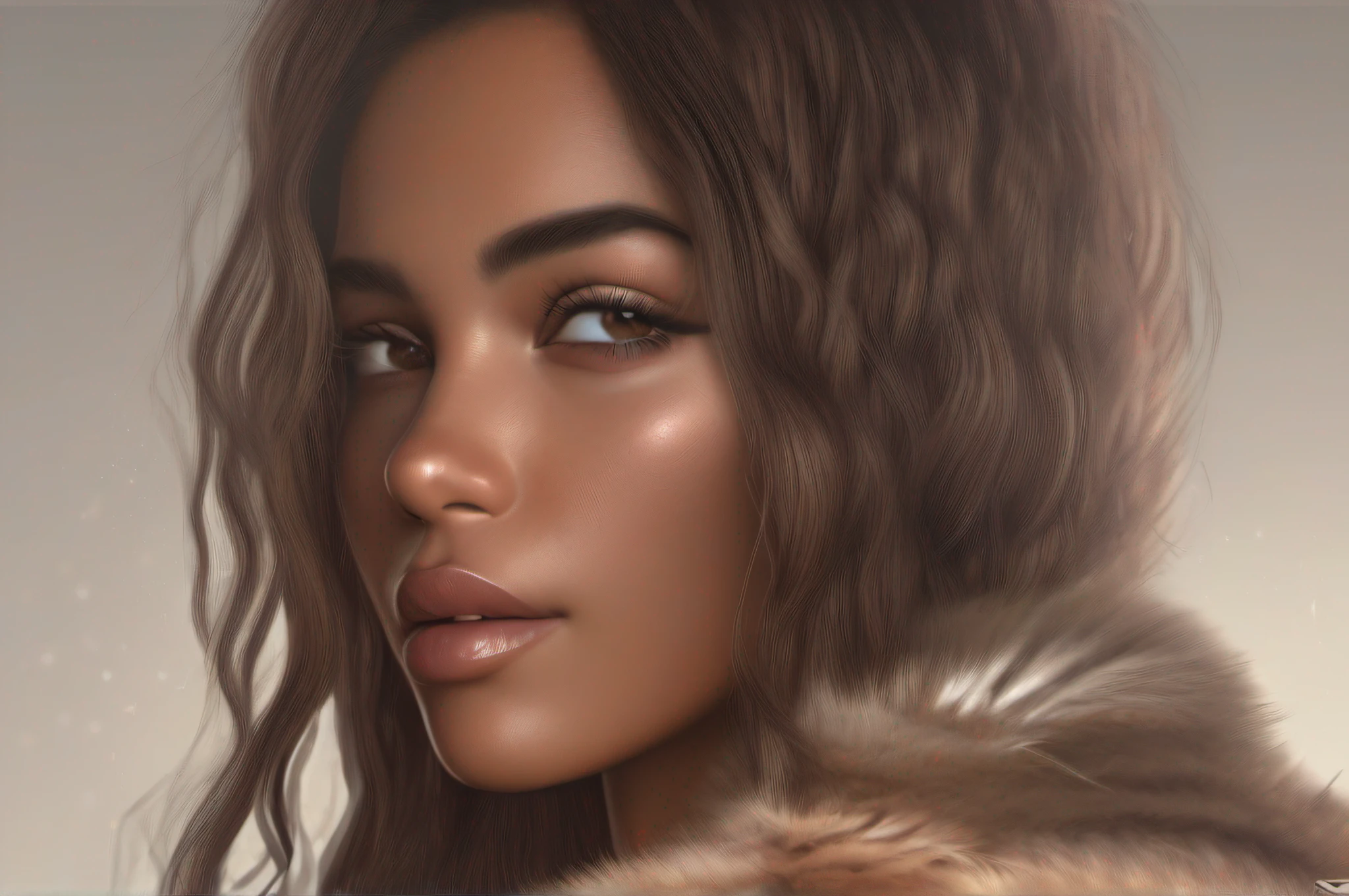 best quality, ultra high res, (photorealistic:1.4), masterpiece, 1girl, brown skin color, brown_eyes, from_behind, fur_trim, hair_over_one_eye, lips, long_hair, make up, looking_at_viewer, looking_back, nose, photo_\(medium\), photorealistic, realistic, solo, teeth, upper_body