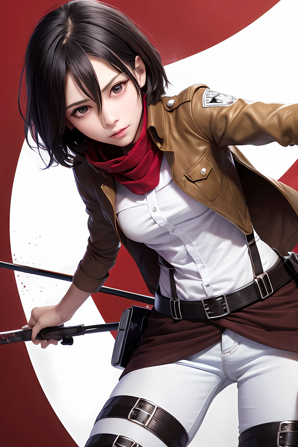 master part, best quality, Altas, Hmmikasa, short hair, olhos negros, echarpe, emblema, belt, thigh strap, red scarf, white pant, jaqueta marrom, mangas compridas, segurando arma, espada, ao ar livre