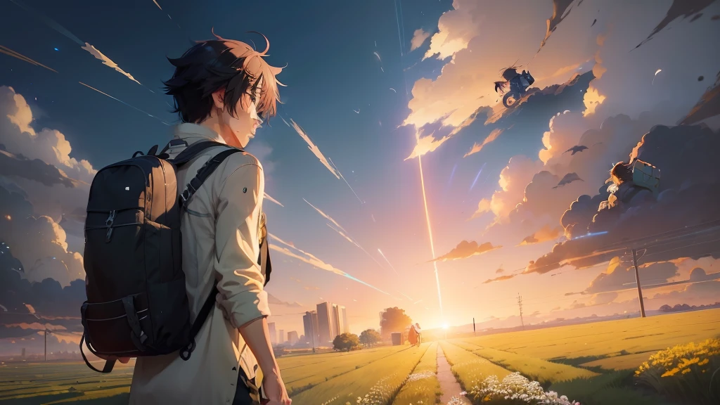 Anime boy with backpack looking at dandelion in the field, makoto shinkai cyril rolando, ( ( By Shinkai Makoto ) ), beautiful anime scene, Anime Background, anime movie background, Anime. by makoto shinkai, guweiz and makoto shinkai, style of makoto shinkai, By Shinkai Makoto!, atmospheric anime, by Yang J