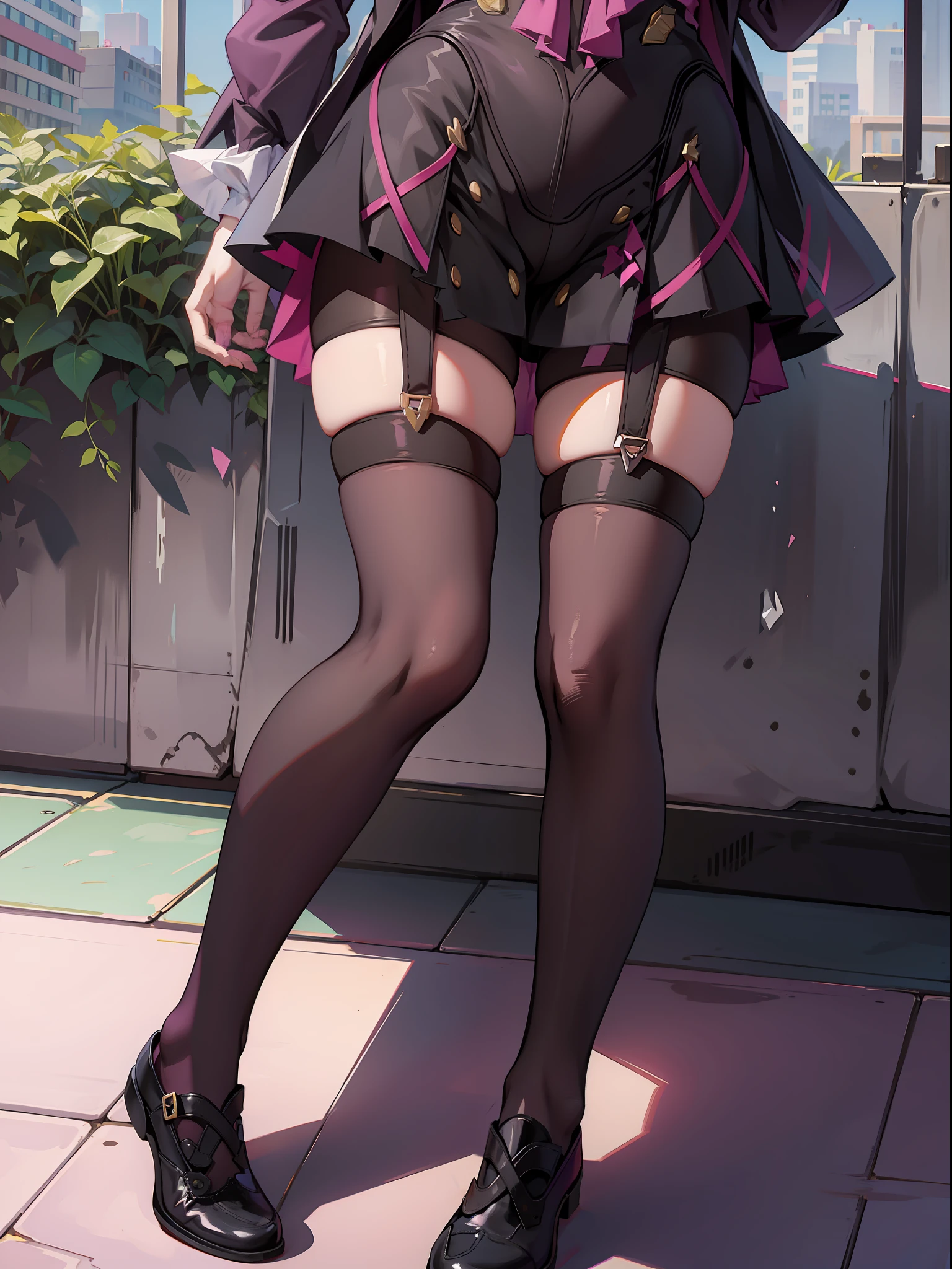 Purple colored hair，JK school uniform，black pantyhoses，without wearing shoes