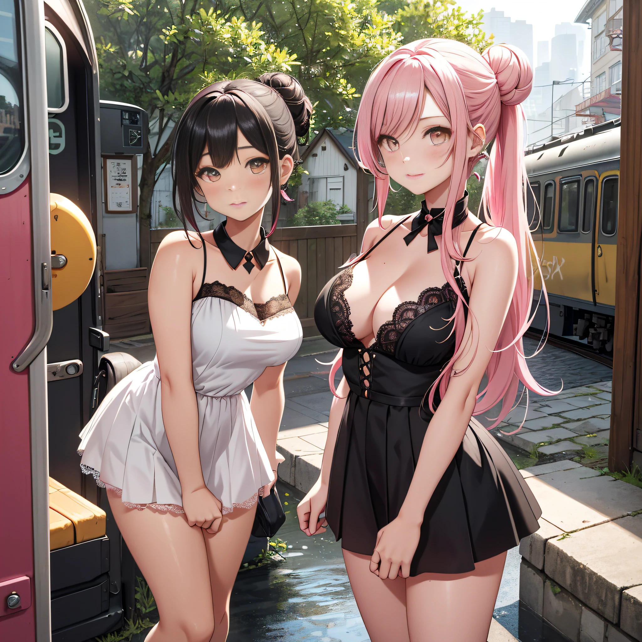 BBQ stand,Many foods,Kebabs,rinka,(Shirtless:0.9)、(naked:0.5)、(huge tit)、Skin type、Fine hairs、Radiant skin、Drunken、luminous(Shirtless:0.8)(Bandeau:0.1)、(Lift one foot:0.1)、 huge tit、blush、(Small tattoos)、Slightly drunk、(Background with:Jungle lion monkey elephant:0.4)、(goddes:0.8)、(s girl:0.7)、Water-colored eyes、Long eyelashes、(Cute marks on the face: 1.2),(dog teeth:0.8),,(ssmile:0.5)(Blush:0.7),(Hair:0.4),(Short:0.8),(Black and brown hair:0.5)(White and pink hair: 0.6)、(Striped hair:0.5)、(High ponytail:0.6)、(plait:0.7)、Shiny hair、(High incidence:0.6)、(Double bun:0.2)、Moon hairpins、collar、Lace、Frills、( Head tilt:0.7)、(Side:0.5)、(Look up:0.2)、(Look at the camera:1.0)(Chest slap:0.5)(Flip skirt:1.5)、((Delicate facial features、Positive face、detail) Face,Delicate pupils,Bright pink lips,ssmile,Open your mouth,blush,Slightly drunk:0.5)),absurd,extreme,masterpiece,whole body fairy,Seductive special portrait of Tifa Loha,The clothes are smooth white and transparent,Background spray paint graffiti,Lace panties。 (Pajamas with a lot of bear patterns:0.5),(Vintage train background:0.2),Reflection of standing water on the ground,Old brick floor,Old clock,Wood architecture,Leading the puppy
