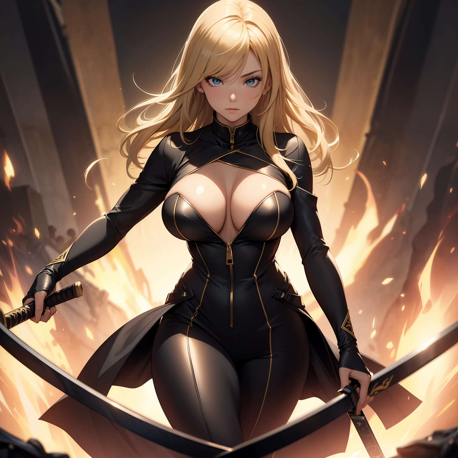 (masterpiece, best quality, ultradetailed, 8k, wallpaper, photorealistic), full body, 1 girl, blonde hair, black mask, perfect body, perfect anatomy, perfect hands, long round legs, round ass, sexy ninja suit in black and gold color slightly unzipped showing her large cleavage, hands widely open while holding katana in both hands, weapon, black assassin shoes