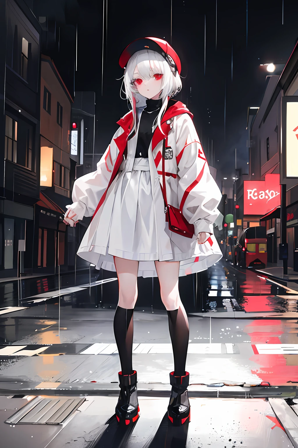 s girl,adolable,Beth,White color hair,red color eyes,(full bodyesbian)(Dark wind)depressive,emo,(in the rain)overcast day,low head(sad)Black and red jacket,Booties,With a hat on,(One hand holds milk tea and lowers his head to drink)(frontage)