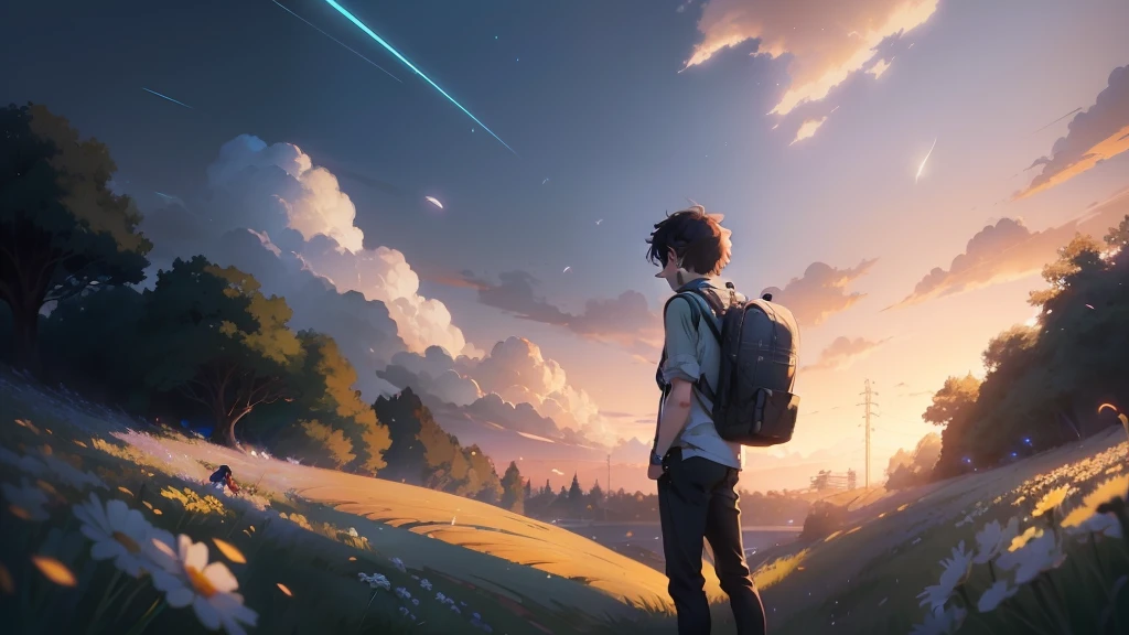 Anime boy with backpack looking at dandelion in the field, makoto shinkai cyril rolando, ( ( By Shinkai Makoto ) ), beautiful anime scene, Anime Background, anime movie background, Anime. by makoto shinkai, guweiz and makoto shinkai, style of makoto shinkai, By Shinkai Makoto!, atmospheric anime, by Yang J