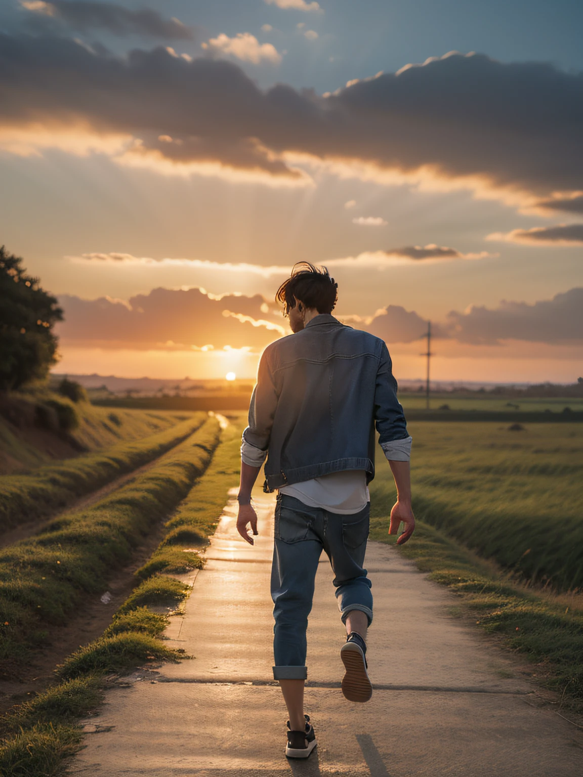 Realistic photo of a man walking on his back with his head down, fundo cores suaves e o por do sol, uma estrada desenhada com simbolo do autismo