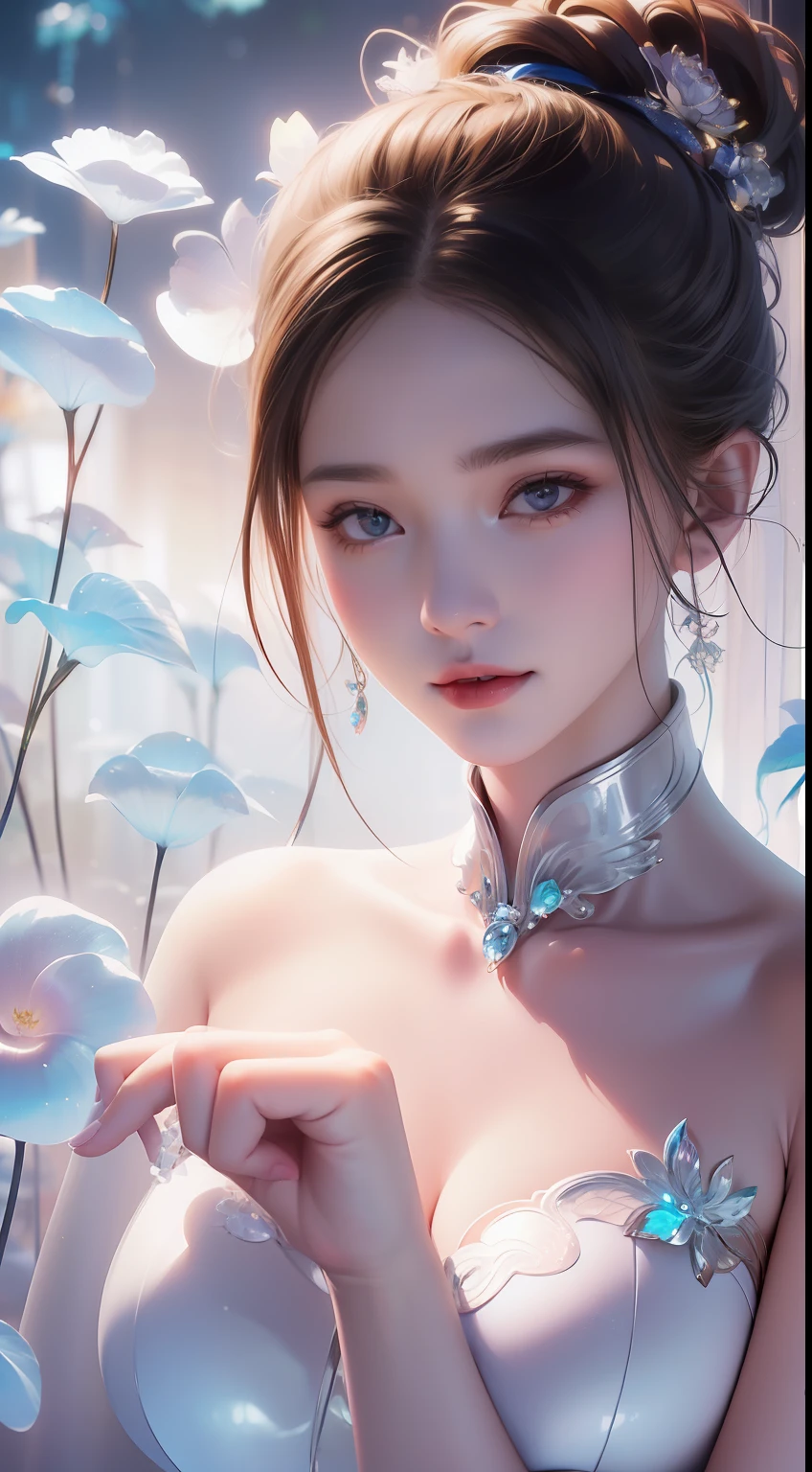 (((A girl)),delicated face,The face of Eros,Good looking Chinese woman,Cover your mouth and laugh,Abstinence,Large breasts,Close-up,Close-up of the head,Golden paradise,Irridescent color,The Arthur effect, Gradient translucent glass melt, Caustics, transparent glass texture, Irridescent color, Designed by Dietrams, Simple, Glows in high detail, white backgrounid, industrial design, studio lit, C4D, OC renderer, Clean shadows, 4K