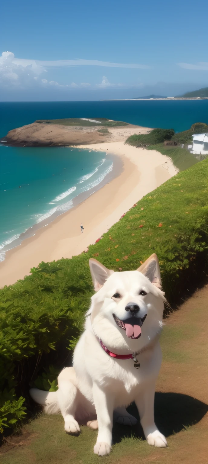dog, holding a plant, na frente do mar, navios ao fundo