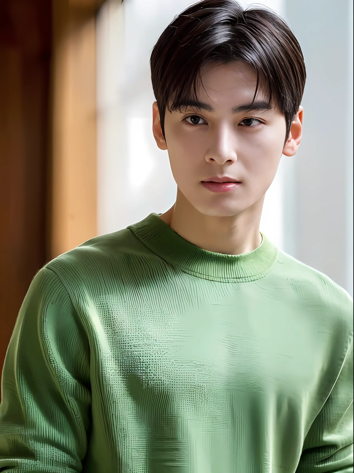 top quality, ultra high resolution, (photorealistic: 1.4), Cha eun woo, green sweater, dynamic angles, handsome, perfect face, perfect body, natural light, raw, detailed, best quality, 8k