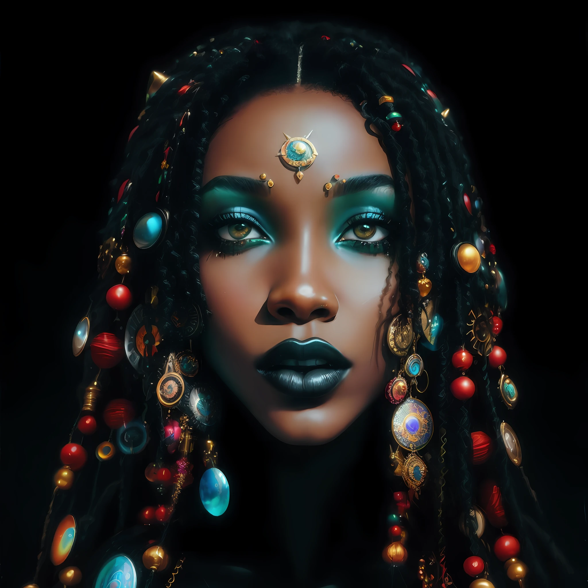 (Afrofuturism), orisha, A closeup of a woman with a black lip and a black dress, Retrato Willow Smith, padroeiro do 🛸🌈👩🏾, Retrato de Willow Smith, pat mcgrath, Retrato de uma deusa das trevas, estilo afrofuturismo, Rihanna, Retrato de Ororo Munroe, ☁🌪🌙👩🏾, dramatic artwork, rio, Naomi Campbell, Retrato da sereia negra