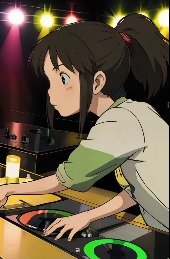 A solo shot featuring ogino chihiro
ponytail
long arm shirt
shorts
yellow shoes, a DJ, showcasing her skills on the turntables at a rave.