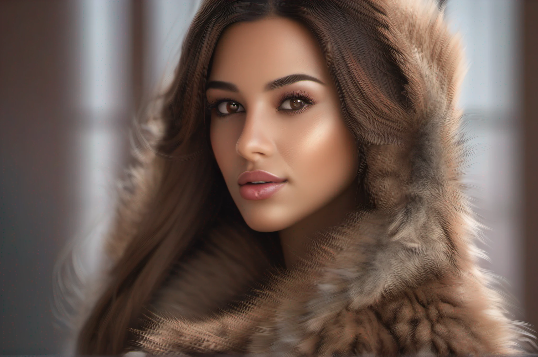 best quality, ultra high res, (photorealistic:1.4), masterpiece, 1girl, brown skin color, brown_eyes, from_behind, fur_trim, hair_over_one_eye, lips, long_hair, make up, looking_at_viewer, looking_back, nose, photo_\(medium\), photorealistic, realistic, solo, teeth, upper_body, shot with Sony Alpha a9 II and Sony FE 200-600mm f/5.6-6.3 G OSS lens, natural ligh, hyper realistic photograph, ultra detailed –ar 3:2 –q 2 –s 750