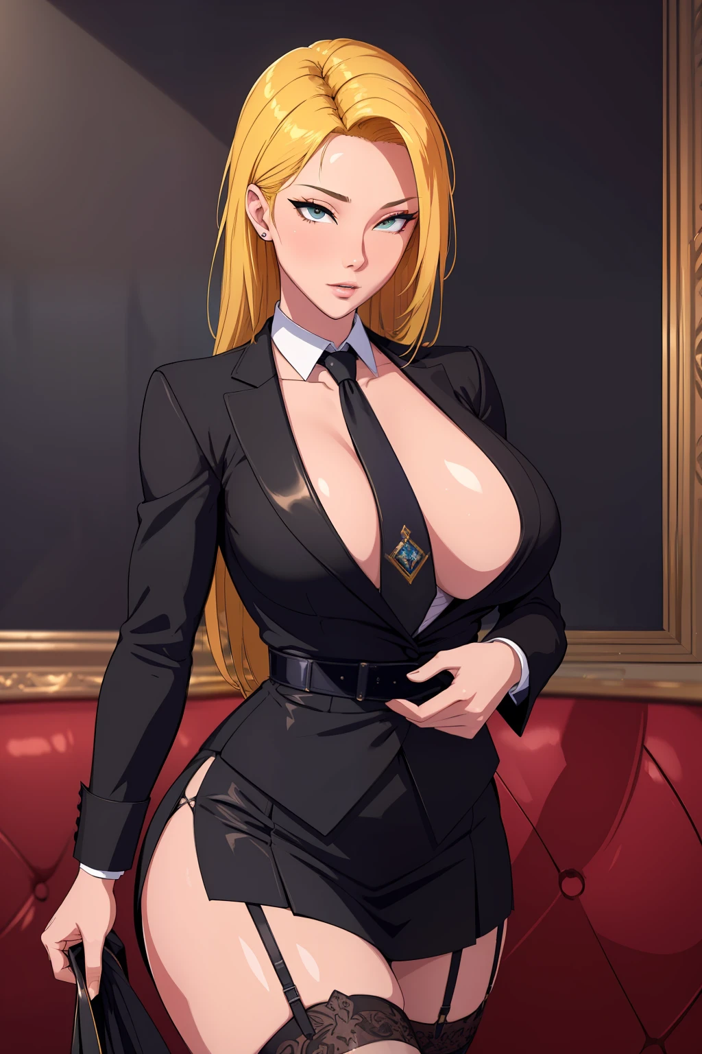 (masterpiece, highres, best quality:1.2), 8K, highly detailed, intricate, colorful, vibrant image, sharp focus, cinematic)  blonde hair, long hair, green eyes, body builder (Wearing black business outfit, black_collared shirt cropped jacket ,tie,necktie,black frilled skirt, garter straps, leather waist belt) (big perfect round breasts,hourglass body, thin waist,very thin waist, Photo realistic,(hyperrealistic:1)beautiful, masterpiece, best quality, extremely detailed face,perfect face,beautiful face, perfect lighting,detailed eye makeup, detail face, nice detailed eyes,nice hands, perfect hands,glowing eyes (realistic pupils,realistic iris:1) heavy eye makeup,(empty Casino)(Posing dynamically)