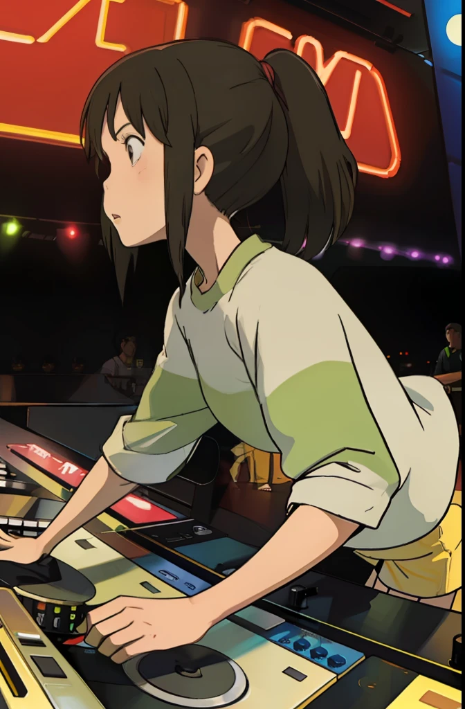 A solo shot featuring ogino chihiro
ponytail
long arm shirt
shorts
yellow shoes, a DJ, showcasing her skills on the turntables at a rave.