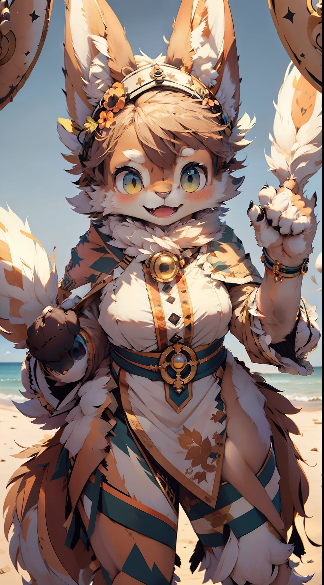 best qualtiy， （Highly detailed beautiful face and eyes）absurderes， Perfect ???????（（hairy pubic，Angelic cute 1girl））（（（hairy pubic）））（furry anthro：1.7）（（rabbit Facial Features，rabbit Body Features））（（Rabbit ears，Highly Detailed Body Fur））tchibi， summer outfit， kitchens， The upper part of the body， dance， Flying sweat， joyful smile，Fluffy paws