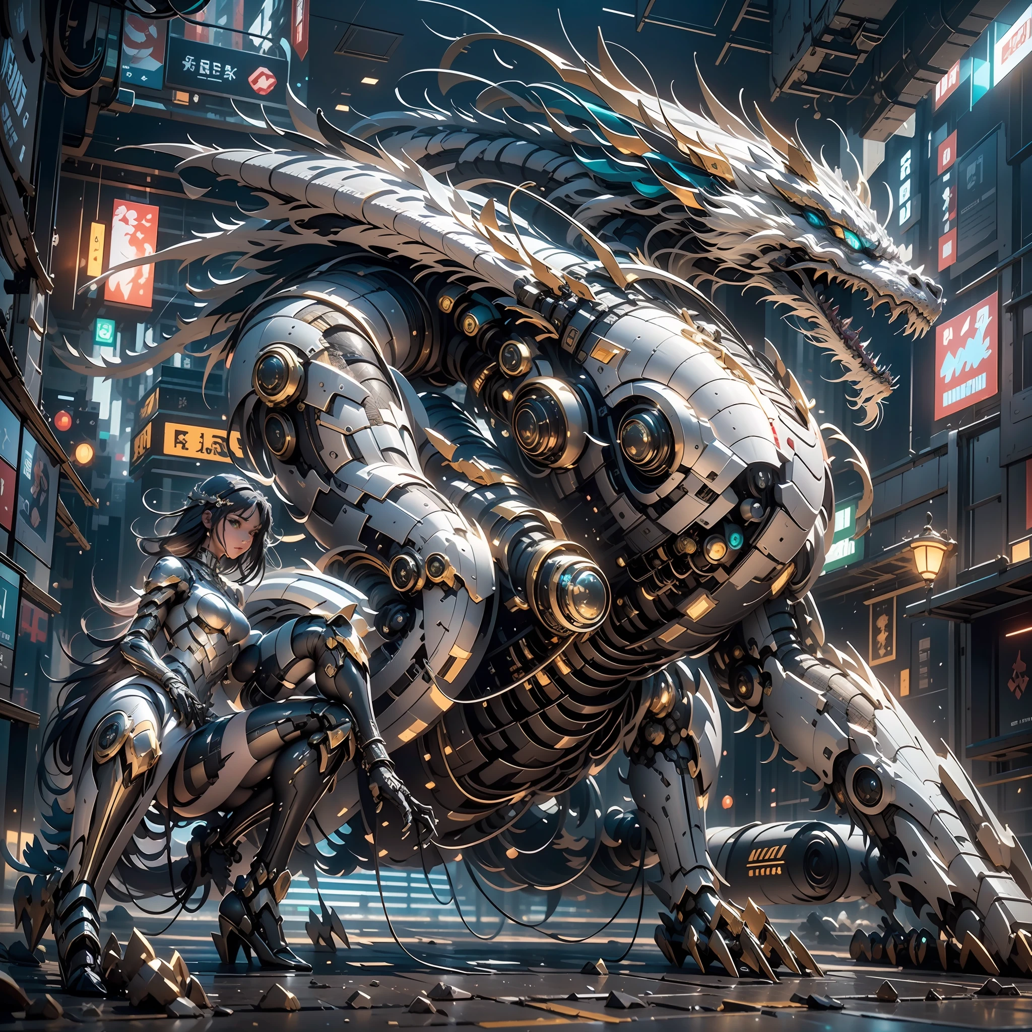 ((best qualtiy)), ((tmasterpiece)), (The is very detailed:1.3), 3D,In Cyberpunk World,A girl in mechanical armor,holding futuristic weapons,The battle is ahead,Behind her was a medium-sized armored mech,At the end is a super huge mecha oriental dragon,HDR(HighDynamicRange),Ray traching,NVIDIA RTX,Hyper-Resolution,Unreal 5,sub surface scattering,PBR textures,Post-processing,Anisotropic filtering,depth of fields,Maximum clarity and sharpness,Many-Layer Textures,Albedo e mapas Speculares,Surface Coloring,Accurately simulate light-material interactions,perfectly proportions,rendering by octane,twotonelighting,Low ISO,White balance,trichotomy,Wide aperture,8K RAW,High-Efficiency Sub-Pixel,sub-pixel convolution,Luminous Particle,