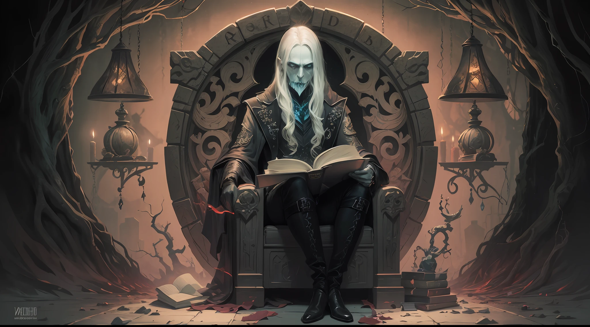 HighestQuali,tmasterpiece,The necromancer of Alafeld reads a book in a dark room, dark but detailed digital art, Book of the Dead, horror fantasy art, detailed 4k horror artwork, Horror stories, dark fantasy horror art, Crypt legends, fantasy horror art, Read an evil devil's book, highly detailed dark art, portrait of the old necromancer