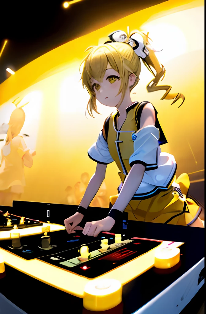 A solo shot featuring ogino chihiro ponytail long arm shirt shorts yellow shoes, a DJ, showcasing her skills on the turntables at a rave.