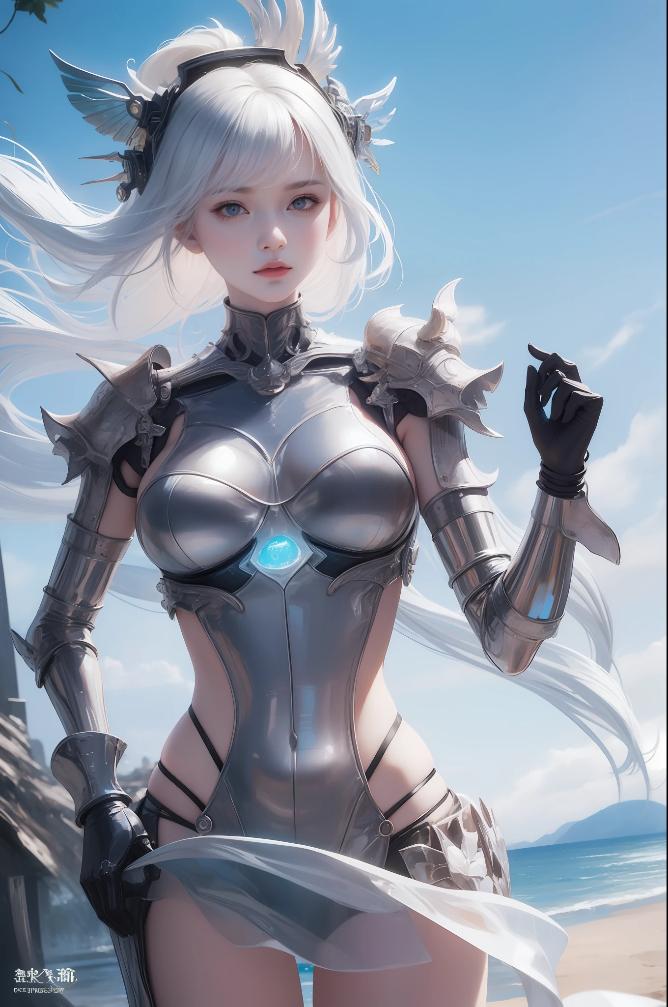 best qualtiy，Refined face，25岁少女，Large breasts，A body made of metal，Smaller bust，Metallic structural skeleton，beachside，Stand up，sea beach，There are huge spaceships floating in the air，cyber punk perssonage，Sci-fi