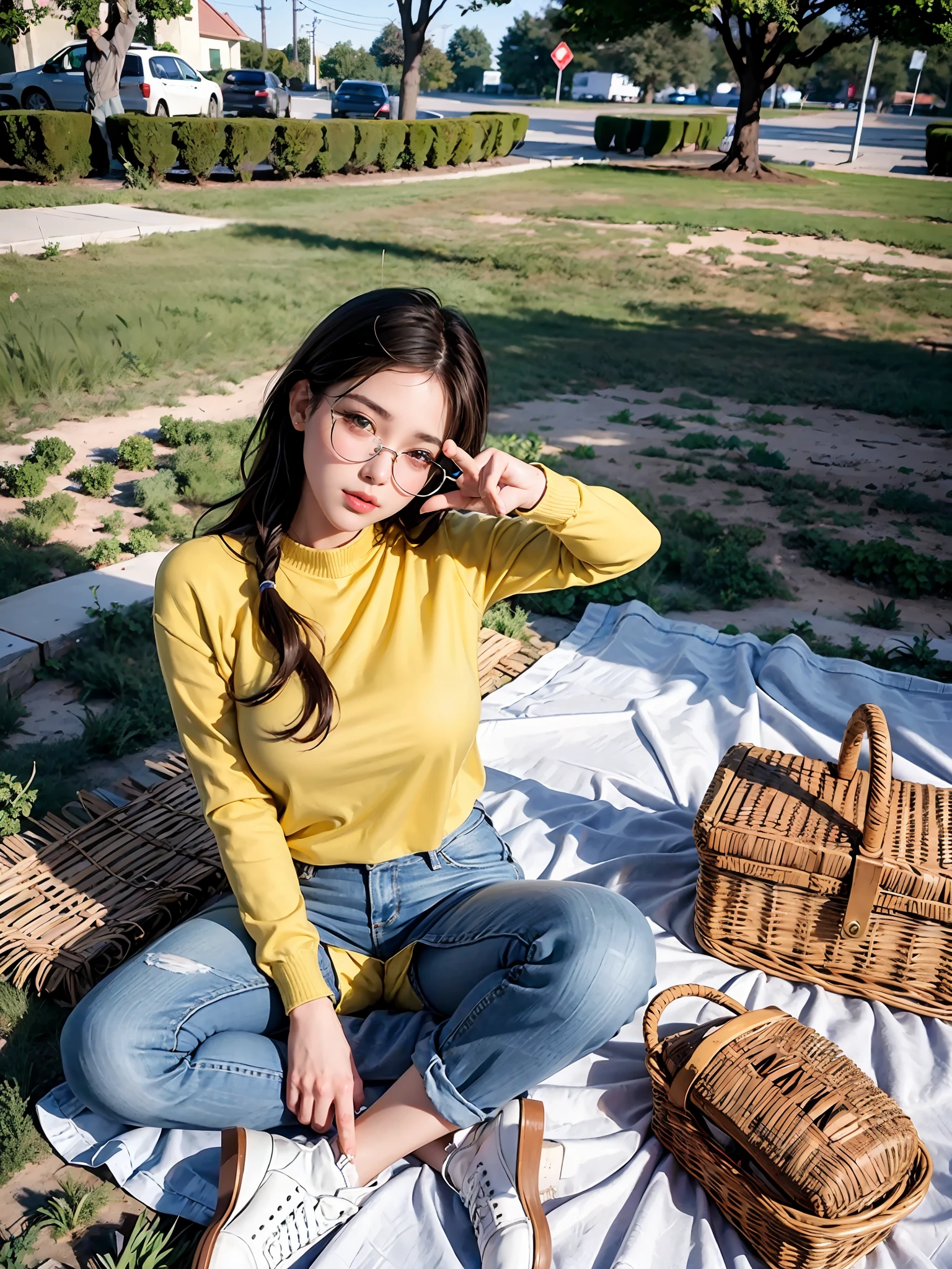 best quality, masterpiece, (photorealistic:1.4), detailed, UHD, Nikon d3500, natural lighting, depth of field, film grain,instant photo, analog photo, Best Quality, 1girl, lady, Perfect anatomy, pretty girl, pretty nose, 1girl, Korean, Detailed face, detailed eyes, long Dark brown hair, (Large breast:1.3), yellow sweater, high high-waist denim pants, natural light, soft shadows, v, V hand sign, Peace hand sign, Sunglasses, Picnic, picnic basket, white border, instant photo, film grain, pout kiss lips,