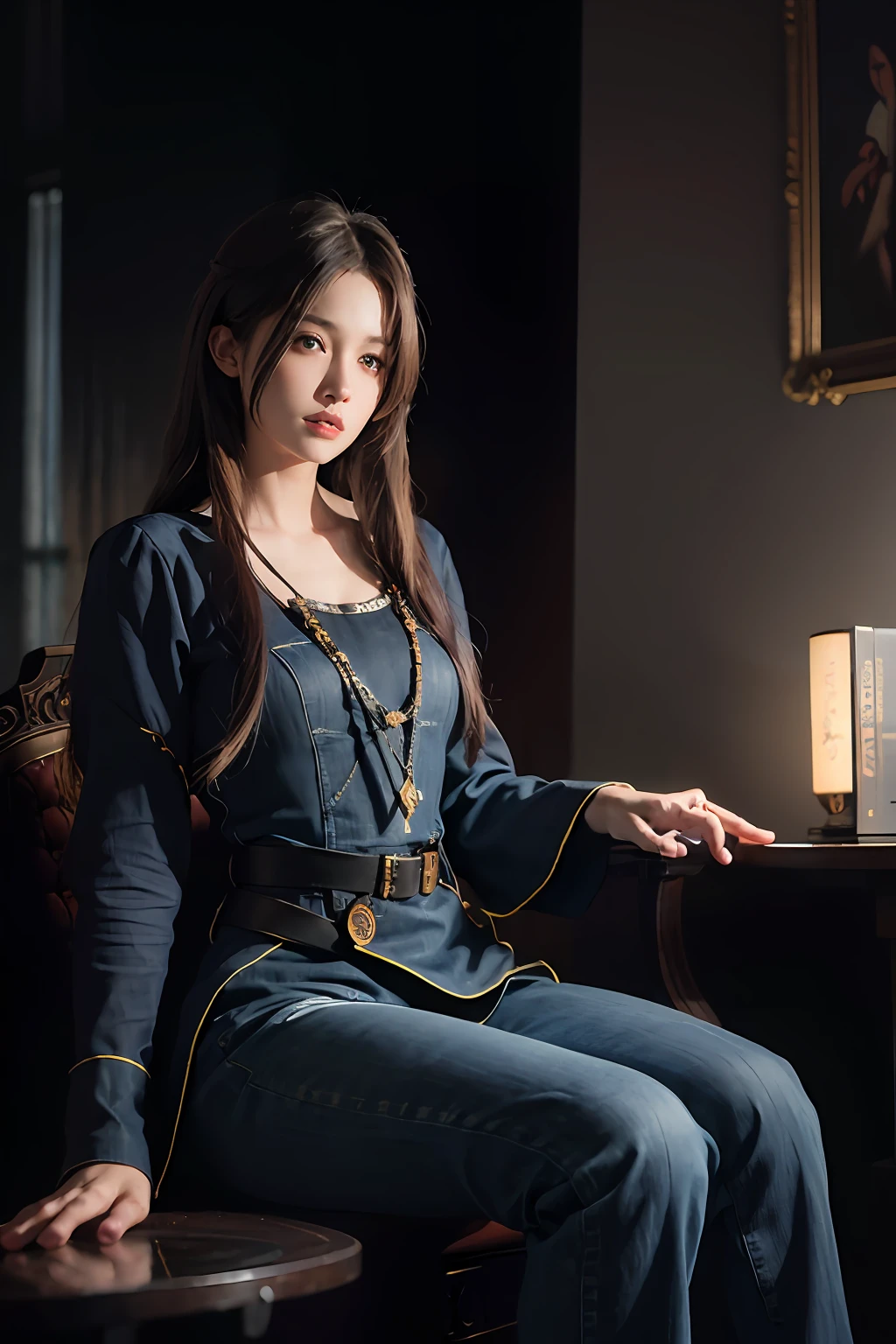 Surrealist portraits of women by Alphonse Mucha，Fantasyart，High-quality real photos，动态照明，Highlight character features，4k高清，Unique style，dark vibe atmosphere，deep shading，Understated luxury，Denim trim，Long slender hair，White hair color。