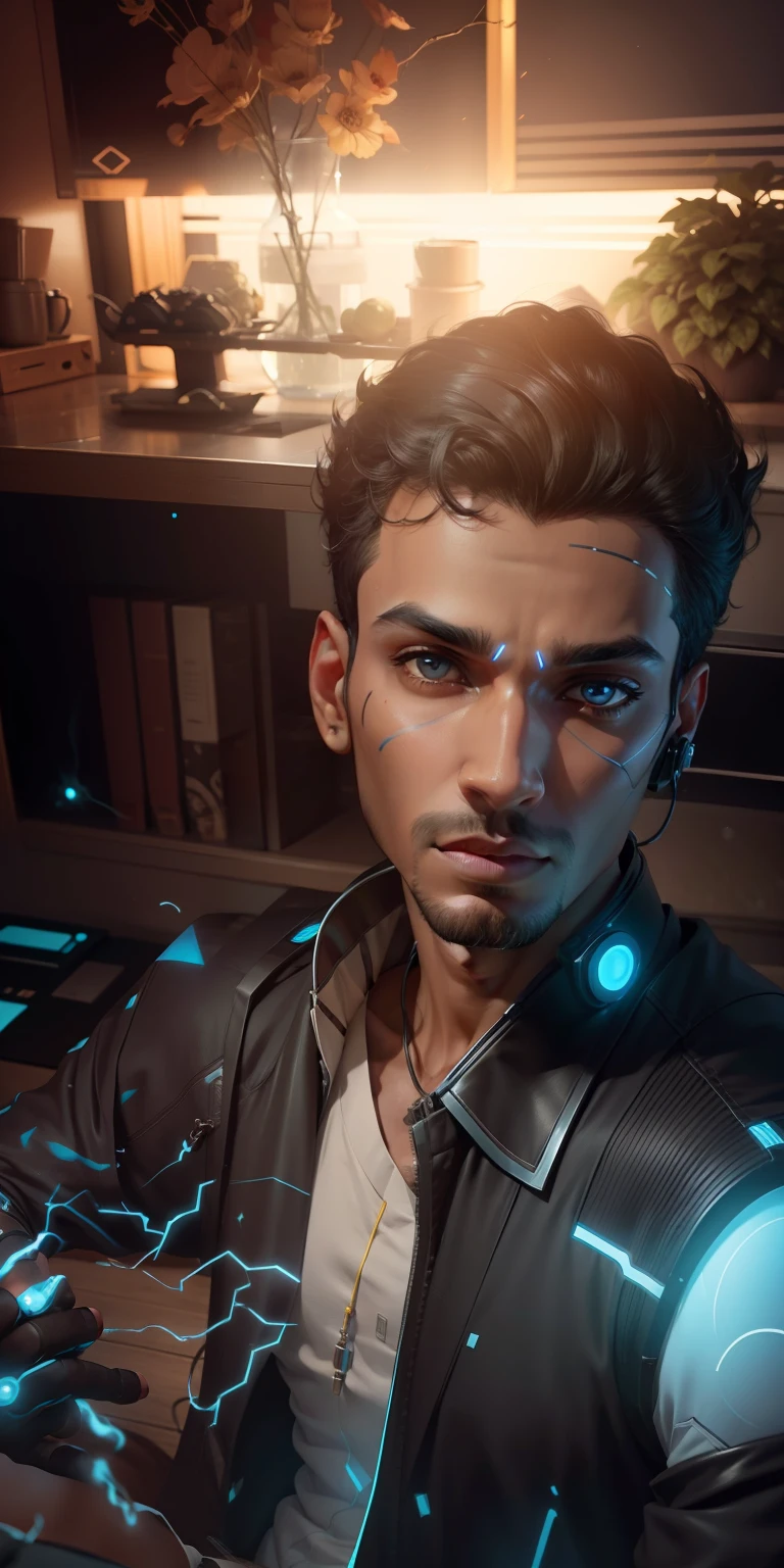 Turn into indian male ai avatar with futuristic theme realistic 8k with superpowers with empty forehead and headphones on neck