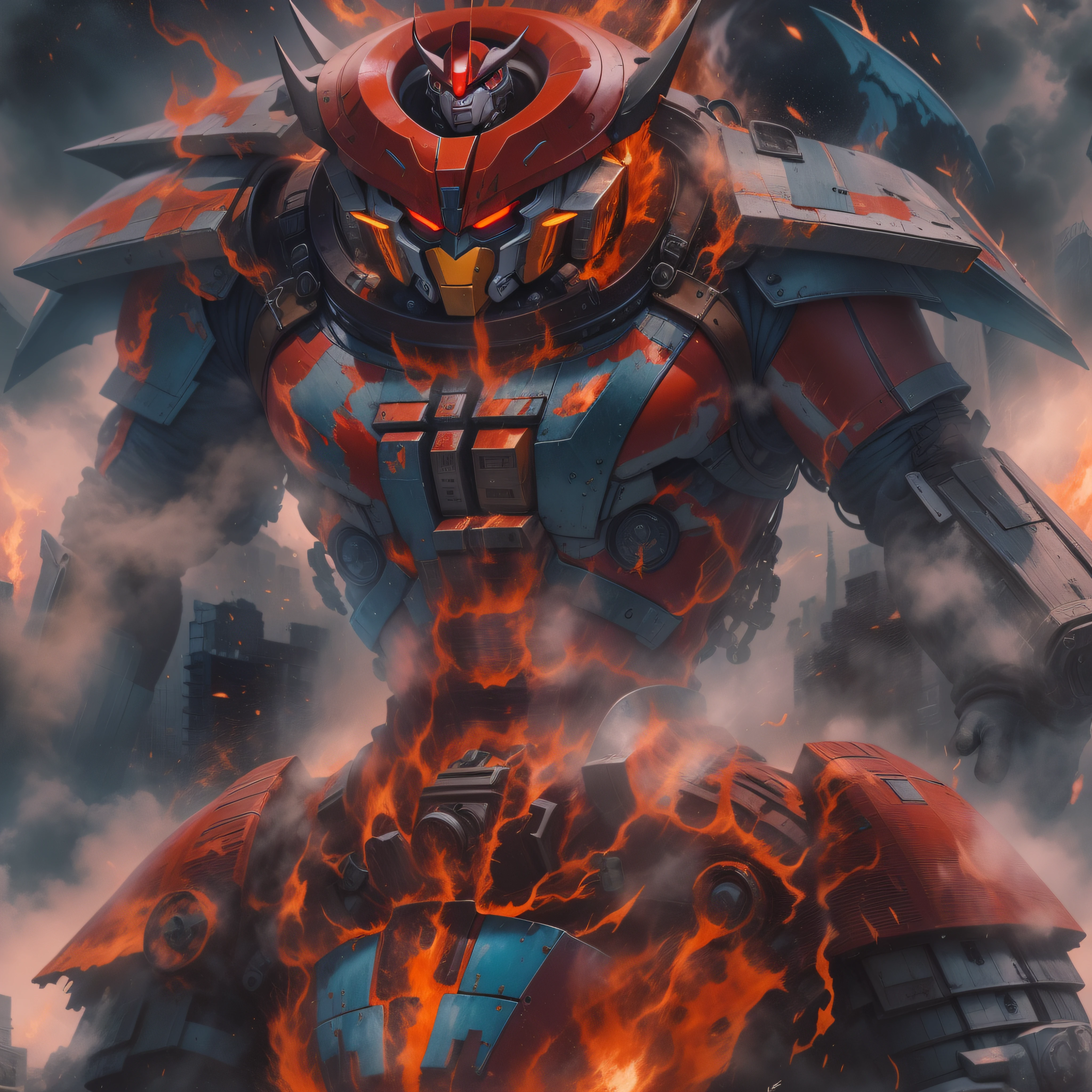 An incredible color aerial view daguerrotype of realistic looking Mazinger Z. a towering giant robot, standing at 20 meters tall. It boasts a powerful and robust frame, adorned with vibrant red and blue colors. Its head features a horn-like crest and glowing eyes. With rocket-powered fists and energy-based laser cannons, it's a formidable force. Dynamic visual effects, like flames and sparks, highlight its immense power. It represents strength, courage, and unwavering determination in the face of adversity. He is fighting against a Kaiju, a horrid intergalactic outer space foul ogre in the middle of Tokio, Japan, in 1973. You can see the perfect details in his body made of a rare metal alloy. Encaustic
