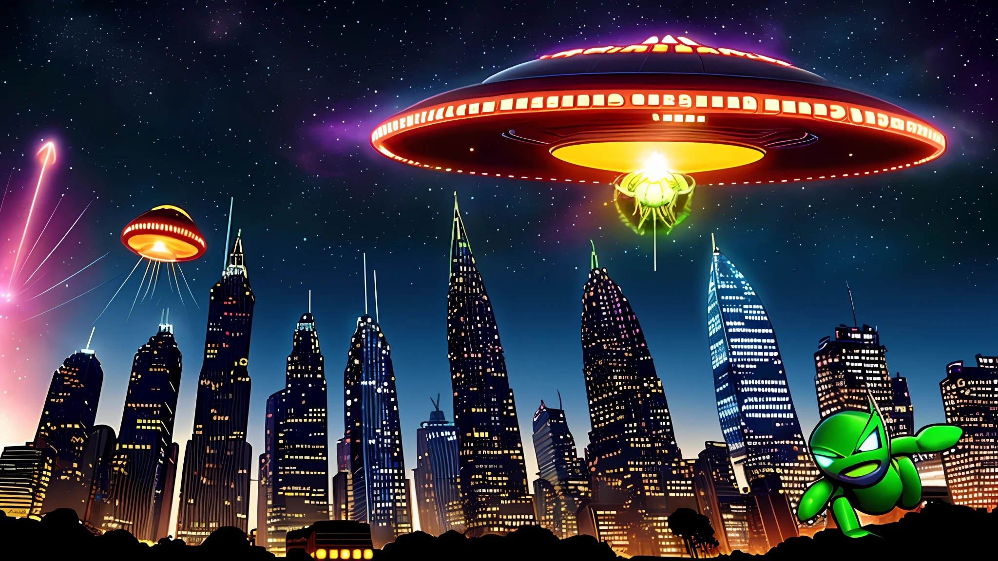 Create comic drawings using abaicho information 
Title: The Alien Threat

Comic 1:
[Image of a futuristic city with skyscrapers and flying cars]
Personagem 1: (Looking Up The Sky) "Nossa, que linda noite estrelada!"

Quadrinho 2:
[An unidentified flying object (OVNI) appears in the sky]
Personagem 2: (Apontando para o OVNI) "What is that? Um OVNI?"

Quadrinho 3:
[The UFO begins to emit rays of light that cause destruction in the city]
Personagem 1: "snappy, precisamos nos abrigar! They're attacking!"

Quadrinho 4:
[A group of humanoid aliens descends from the UFO]
Alien Leader: (Com uma voz estranha) "We come in peace, humanos. Somos exploradores de outros mundos."

End of comics.