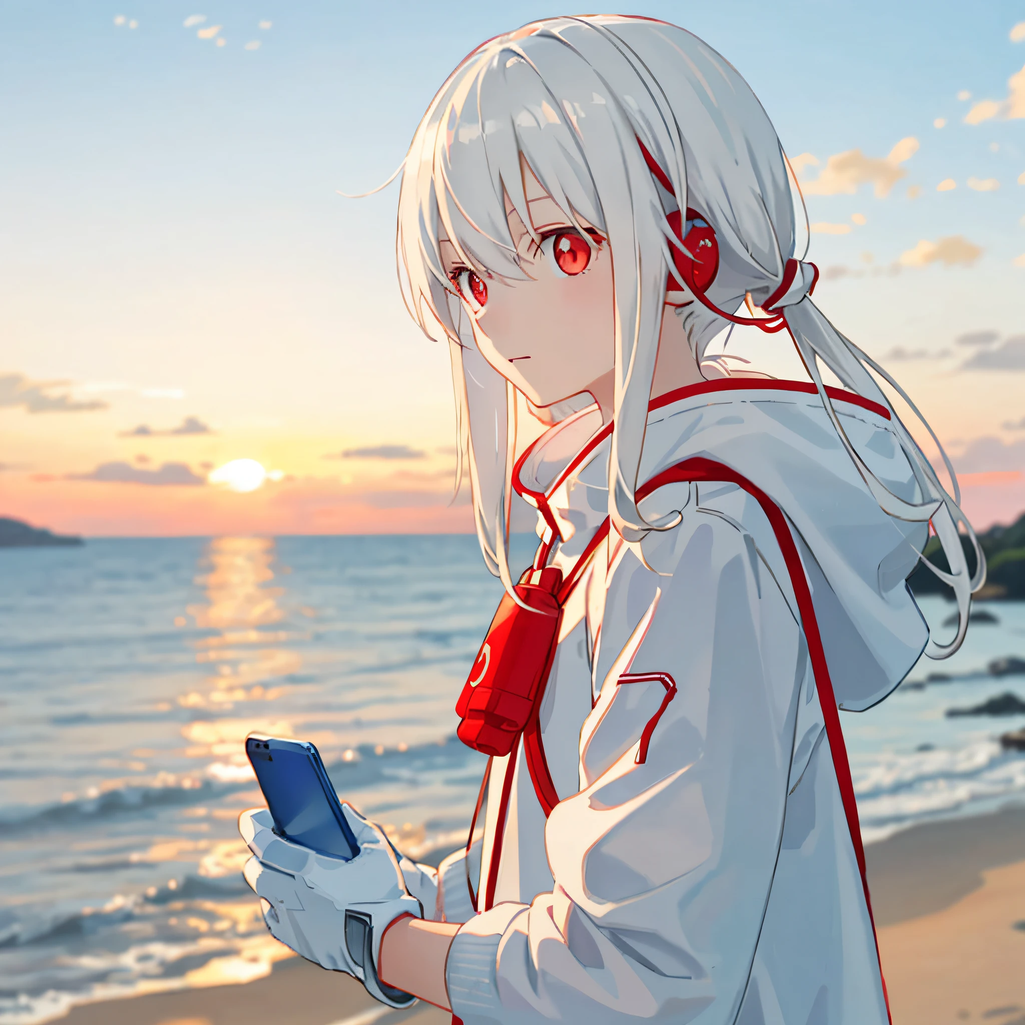 White-haired girl,Red smartphone,hoody,Light blue gloves,sea surface,Round sunset,(Earphone),Red pupils
