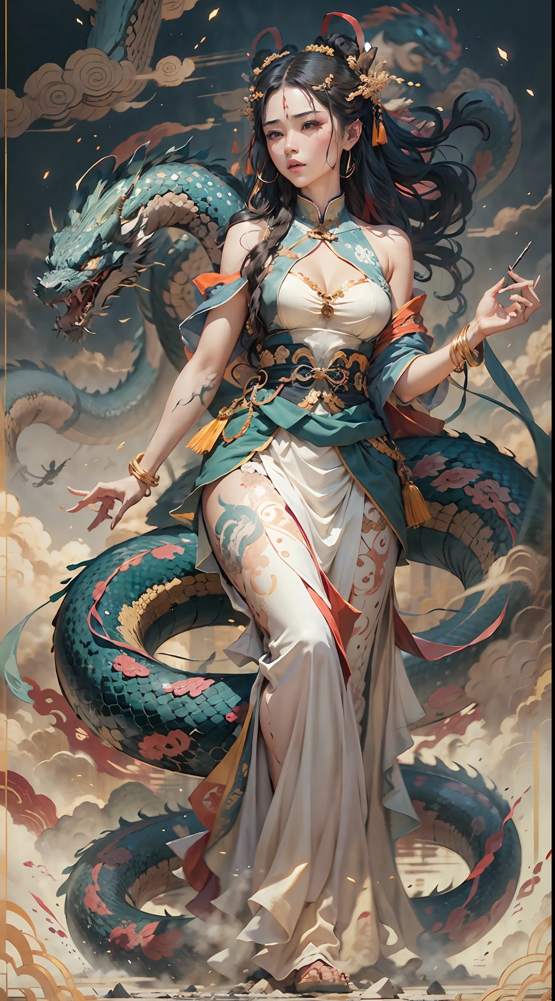 Nuwa makes up the sky，Ancient Chinese goddess Nuwa，demihuman, Half snake，The upper body is human, （The lower body is a snake tail：1.3），Flying，Sky cracks，paint black，（（Chinese mythology）），the great wall，high qulity，super-fine，Detailed pubic hair，Accurate，（tmasterpiece），Works of masters，（16K resolution），Light and dark are intense，dynamic viewing angle