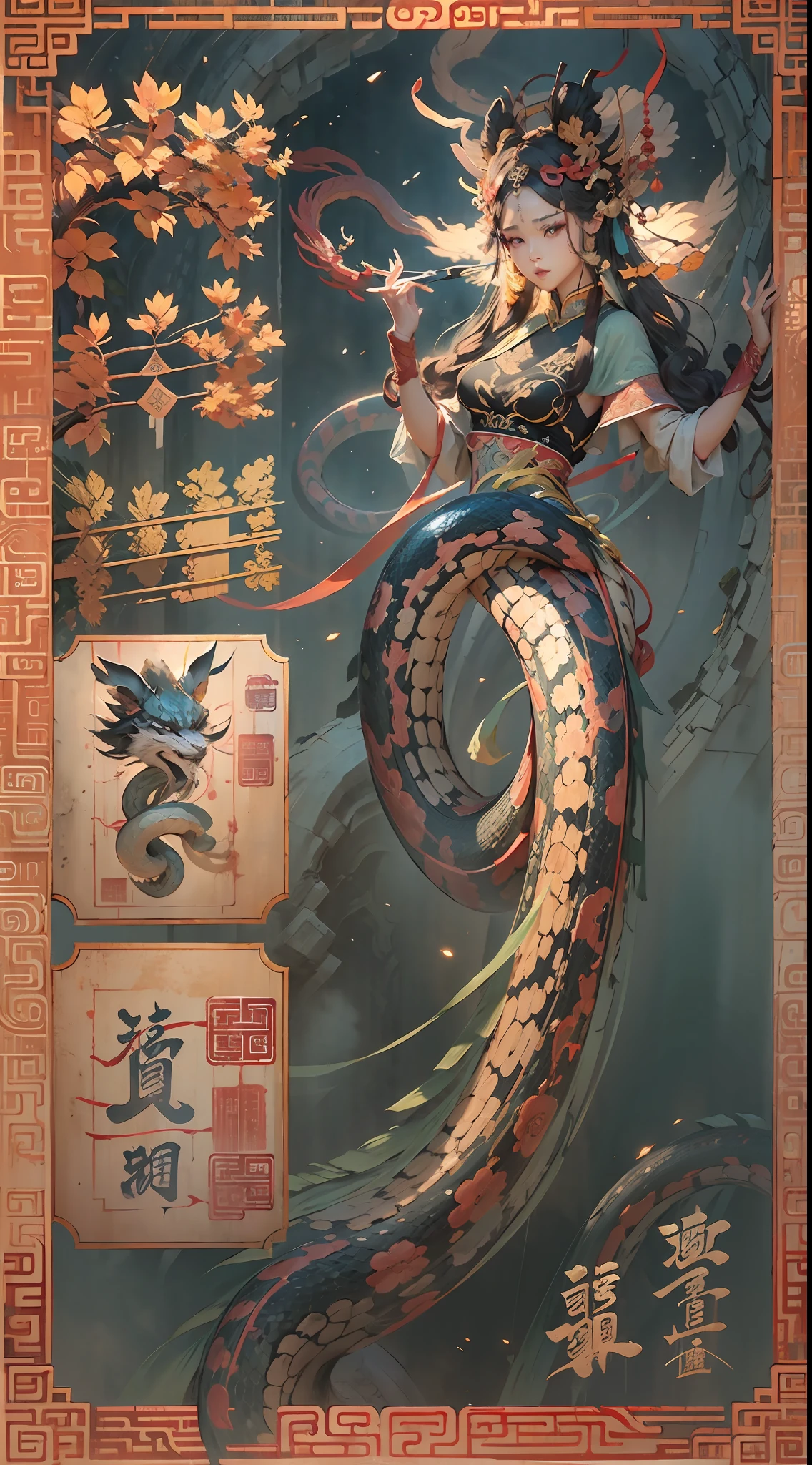 Nuwa makes up the sky,Ancient Chinese goddess Nuwa,demihuman, Half snake,The upper body is human, (The lower body is a snake tail:1.3),Flying,Sky cracks,paint black,((Chinese mythology)),the great wall,high qulity,super-fine,Detailed pubic hair,Accurate,(tmasterpiece),Works of masters,(16K resolution),Light and dark are intense,dynamic viewing angle