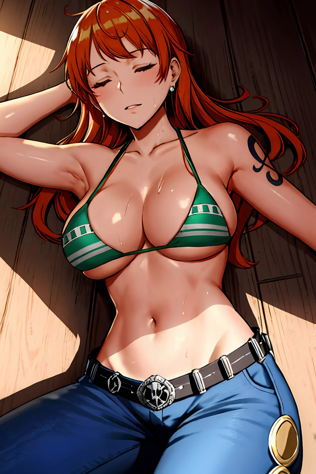ship deck detailed background, top view shot, masterpiece, 4k, epic, best quality, late youth, adult, milf, athlete body, 1girl, ((wide open mouth, on deck floor, passed out, completely lying down, lying down on her back, knocked out, closed eyes, (hidden armpits, left hand straight left, right hand straight right, straight elbows))) , solo, nami \(one piece\), 1girl, bangle, (very wet, drenched in sweat, sweat all over body, very missy hair, tired, open mouth, exhausted, sweaty face, sweaty body, bruises, injury, feeling hot, sweating too much, shiny sweat, serious, hurt, glaring, closed eyes, looking up, perfect detailed face, round face, sweat on face) bold drawing lines, muscular arms, detailed bold arm lines, flat jaw, adult woman, wavy wide streaked bangs, floating bang, (big cheeks), bare shoulders, off-shoulders, belt, bikini, bikini top only, bracelet, springy breasts, breast lines, big round eyes, very big brown shiny eyes, bubbles, high eye position, cleavage, day, denim, earrings, floating hair, shiny hair, green belt, green bikini, bold groin lines, jeans, jewelry, medium breasts, log pose, long hair, looking at viewer, long navel, wet hair, orange hair, pants, shoulder tattoo, sidelocks, sky, solo, stomach, swimsuit, tattoo, detailed arms, big forehead, hourglass figure, small head, toned body, wide hair, wind effect, sun effect, under the sun, narrow small ears angle, older