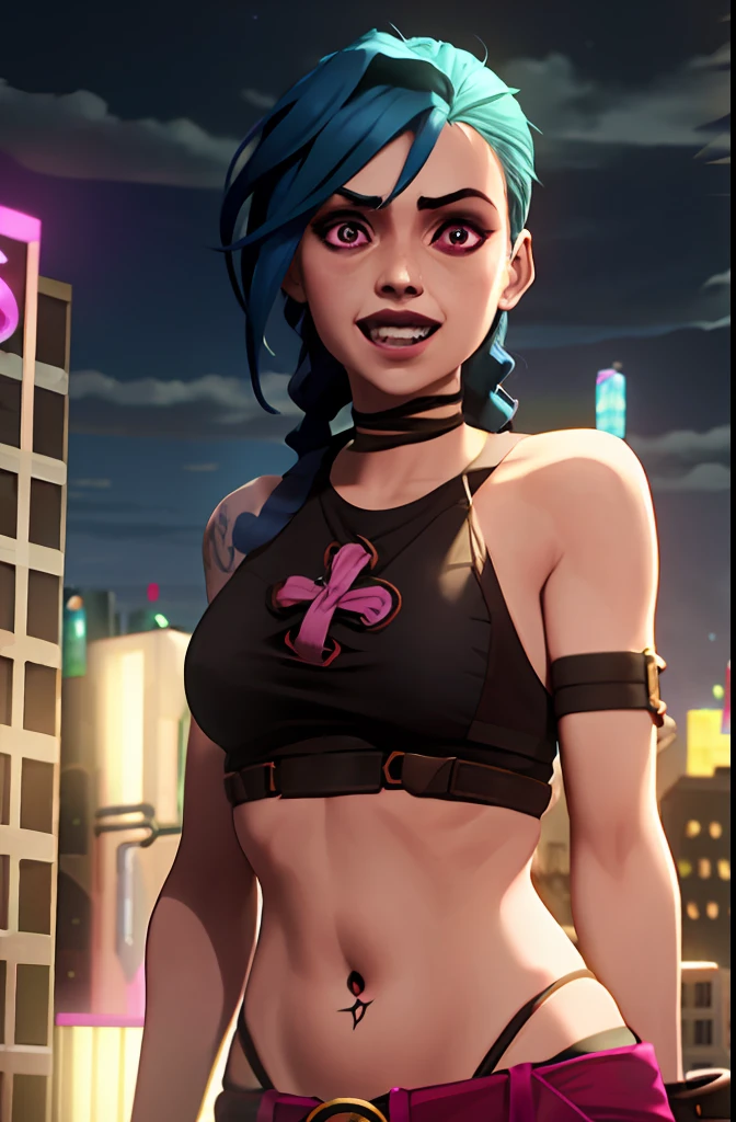 arcane style,
1girl, arm tattoo, asymmetrical bangs, bangs, blue hair, braid, brown shirt, cloud tattoo, looking at viewer, laughing, crazy, uncontrollable laugh, mad look, night, city, green hair, long hair, midriff, pink eyes, red lips, shirt, solo, standing, tattoo, twin braids, upper body, arcane jinx, jinx \(league of legends\)