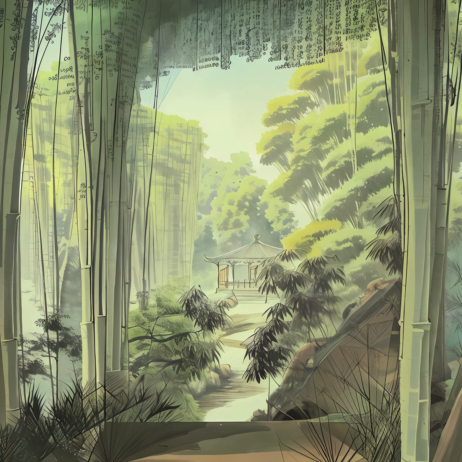 bamboo forrest，trail，Canopy，Pagoda temple outside the canopy，Peaceful，A tranquil，a paradise