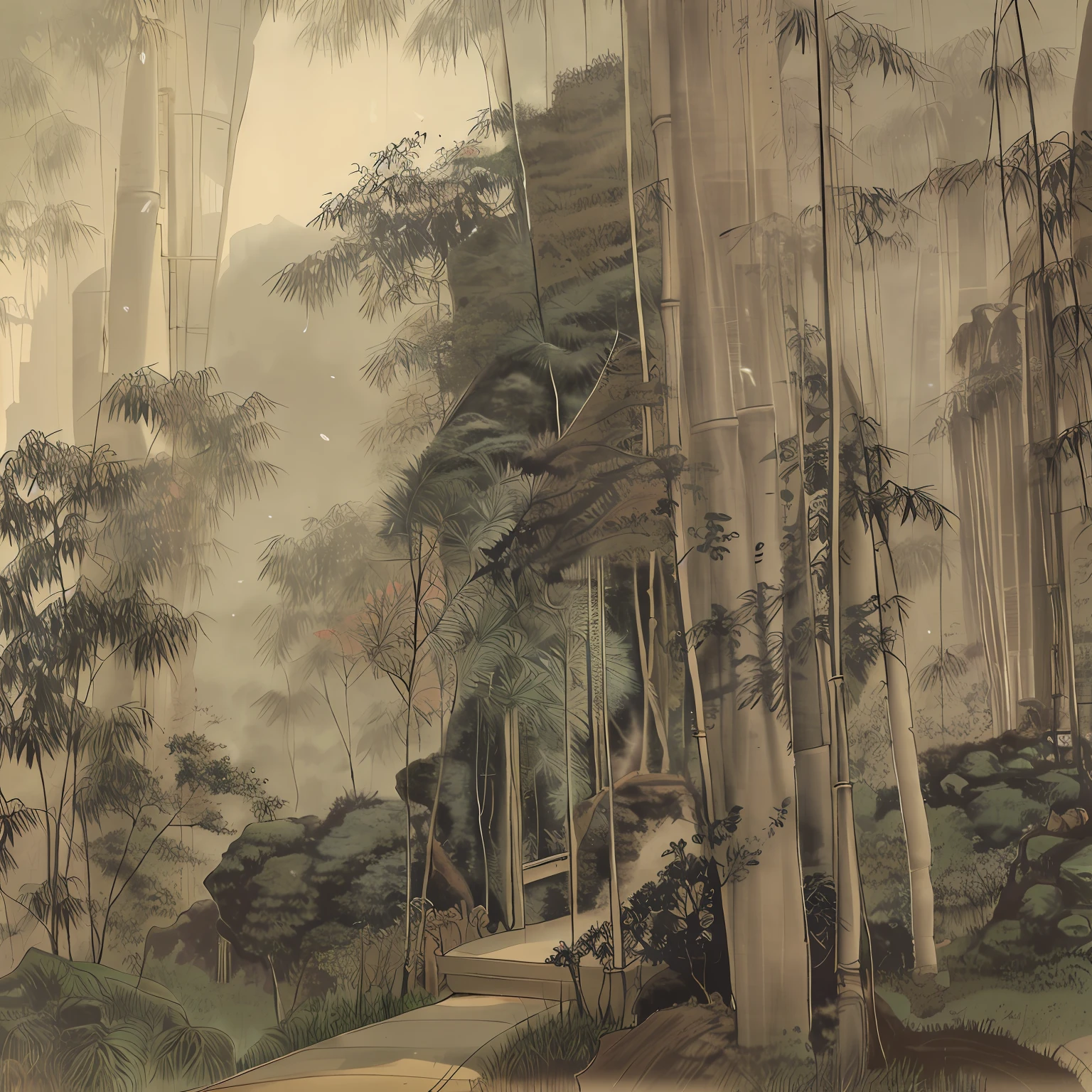 bamboo forrest,trail,Canopy,Pagoda temple outside the canopy,Peaceful,A tranquil,a paradise