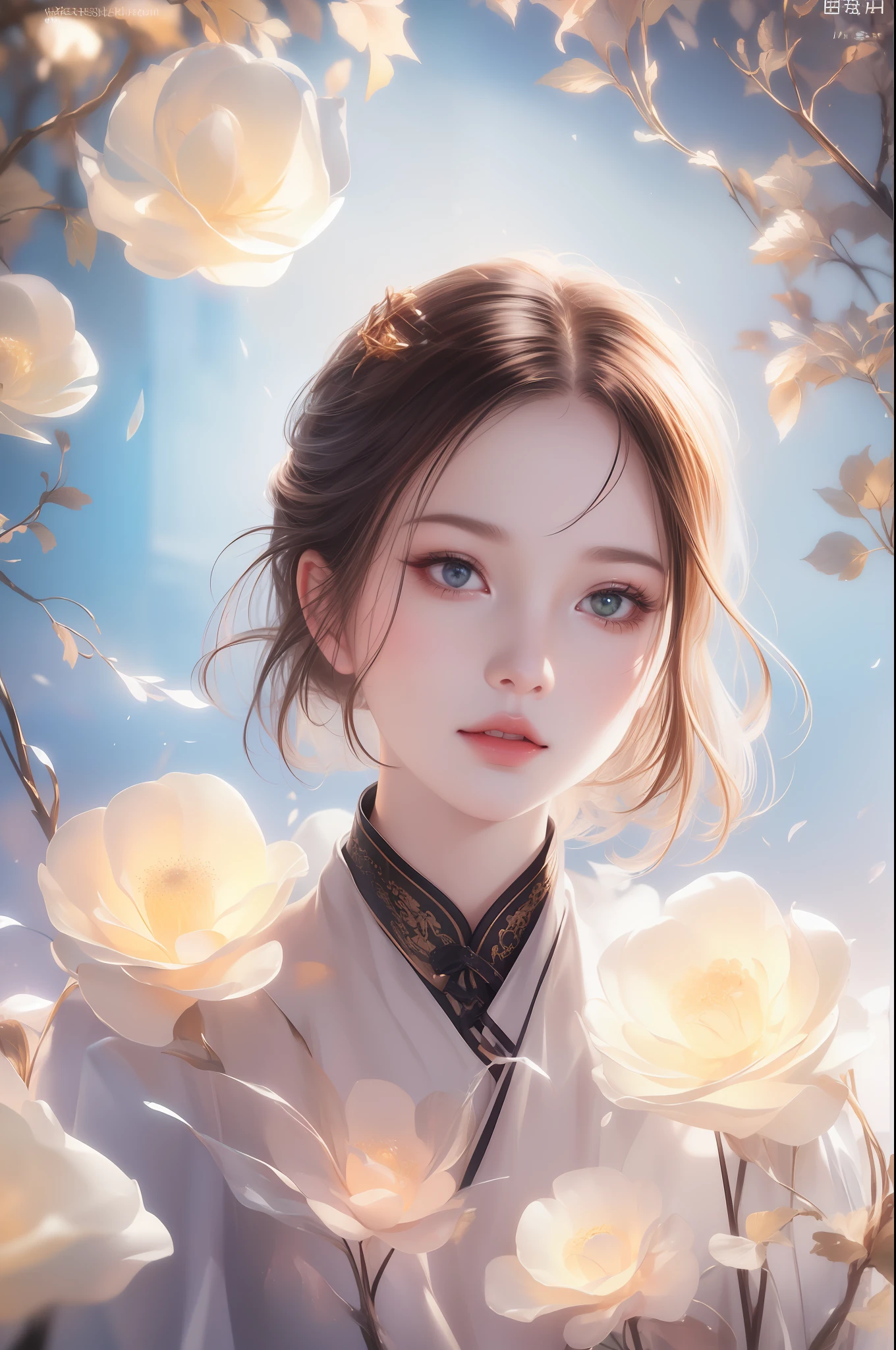 (((A girl)),delicated face,The face of Eros,Good looking Chinese woman,Cover your mouth and laugh,Abstinence,Large breasts,Close-up,Close-up of the head,Golden paradise,Irridescent color,The Arthur effect, Gradient translucent glass melt, Caustics, transparent glass texture, Irridescent color, Designed by Dietrams, Simple, Glows in high detail, white backgrounid, industrial design, studio lit, C4D, OC renderer, Clean shadows, 4K
