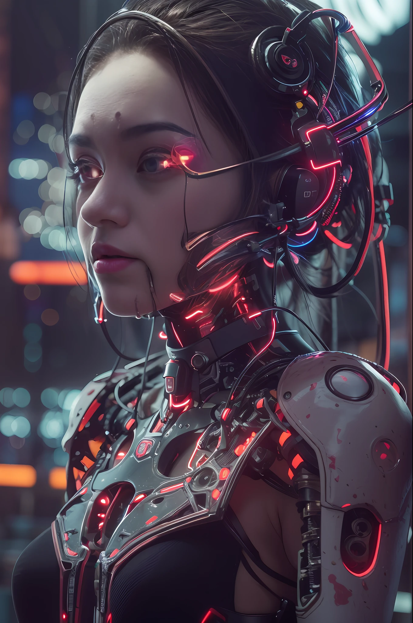Top Quality, Masterpiece, Ultra High Resolution, ((Photorealistic: 1.4), Raw Photo, 1 Girl, Black Hair, Glossy Skin, 1 Mechanical Girl, (Ultra Realistic Details)), Global Illumination, Shadows, Octane Rendering, 8K, Ultra Sharp, Cleavage Exposed, Metal, Intricate Ornament Details, Egyptian Details, Very intricate details, realistic light, CGSoation trend, facing the camera, neon details, mechanical limbs, blood vessels connected to the tube, mechanical vertebrae attached to the back, mechanical cervical attachment to the neck, wires and cables connecting to the head, evangelion, small glowing LED lamps, (dazzling Cyberpunk cityscape in background).
