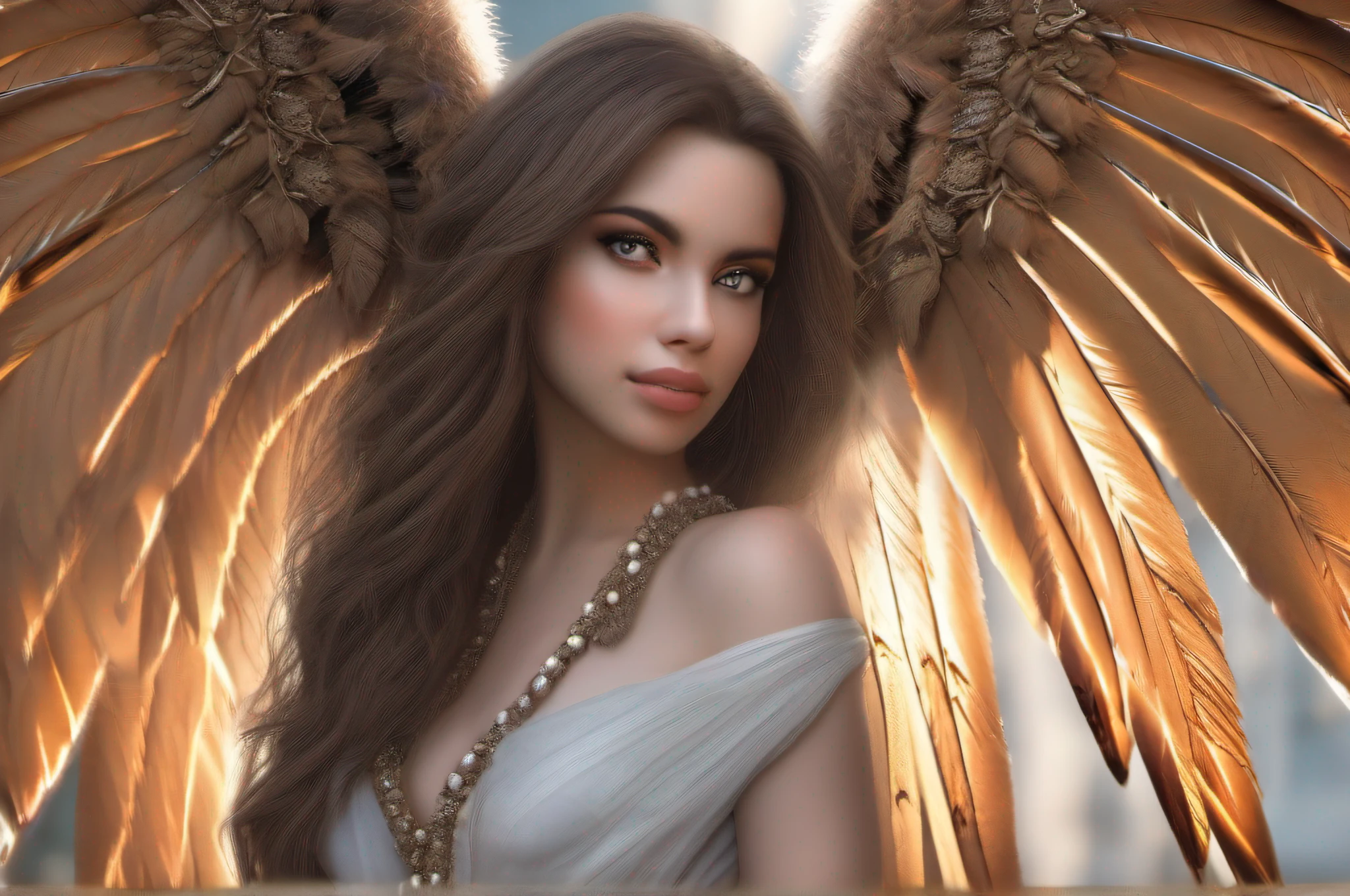 best quality, ultra high res, (photorealistic:1.4), masterpiece, 1 angel girl with huge wings, brown skin color, brown_eyes, from_behind, fur_trim, hair_over_one_eye, lips, long_hair, make up, looking_at_viewer, looking_back, nose, photo_\(medium\), photorealistic, realistic, solo, teeth, upper_body, shot with Sony Alpha a9 II and Sony FE 200-600mm f/5.6-6.3 G OSS lens, natural ligh, hyper realistic photograph, ultra detailed –ar 3:2 –q 2 –s 750