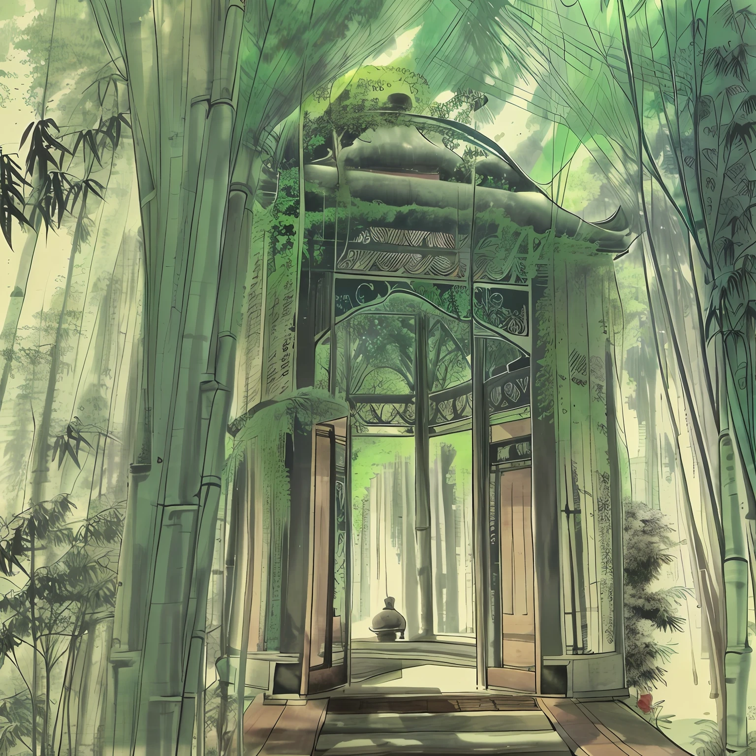 bamboo forrest，trail，Canopy，Pagoda temple outside the canopy，Peaceful，A tranquil，a paradise