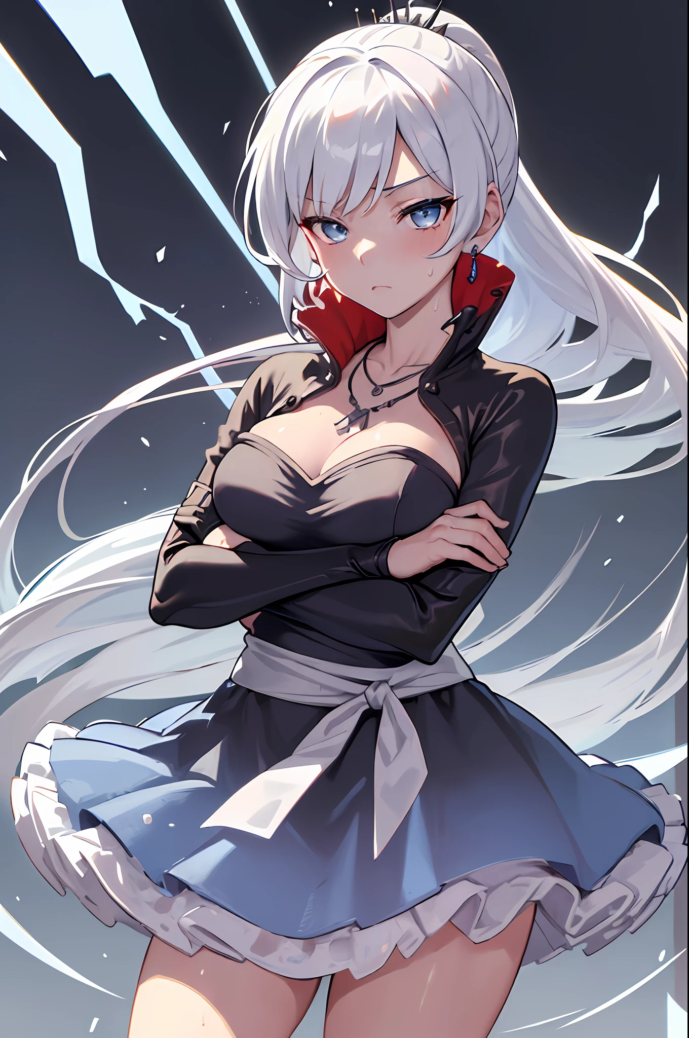 (Masterpiece, Best Quality:1.2), Cowboy shot, 独奏, 1girl, white colored hair, Vaisvale, expressionless, closed mouth, looking a viewer, crossed arms, pony tail, scar across eye, whitedress, Jewelry, necklace, earings, Huge-breasts, convex areolas, wide thighs, utiful thighs, Spacer frame, Erotica, steam, (Shards of ice, Sex), glistering, Generally chubby, стервозная, slap, Wet, the sweat