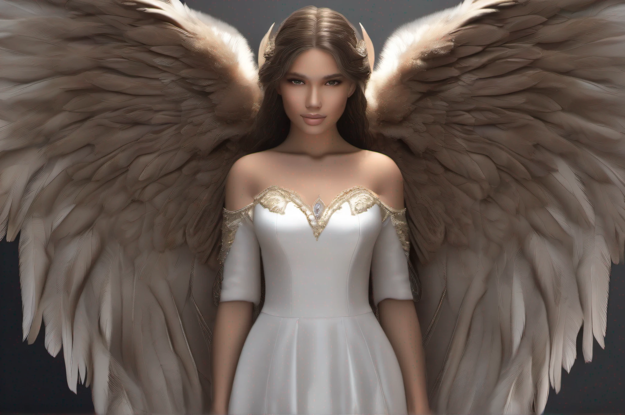 best quality, ultra high res, (photorealistic:1.4), masterpiece, 1 angel girl with huge wings, brown skin color, brown_eyes, from_behind, fur_trim, hair_over_one_eye, lips, long_hair, make up, looking_at_viewer, looking_back, nose, photo_\(medium\), photorealistic, realistic, solo, teeth, upper_body, shot with Sony Alpha a9 II and Sony FE 200-600mm f/5.6-6.3 G OSS lens, natural ligh, hyper realistic photograph, ultra detailed –ar 3:2 –q 2 –s 750