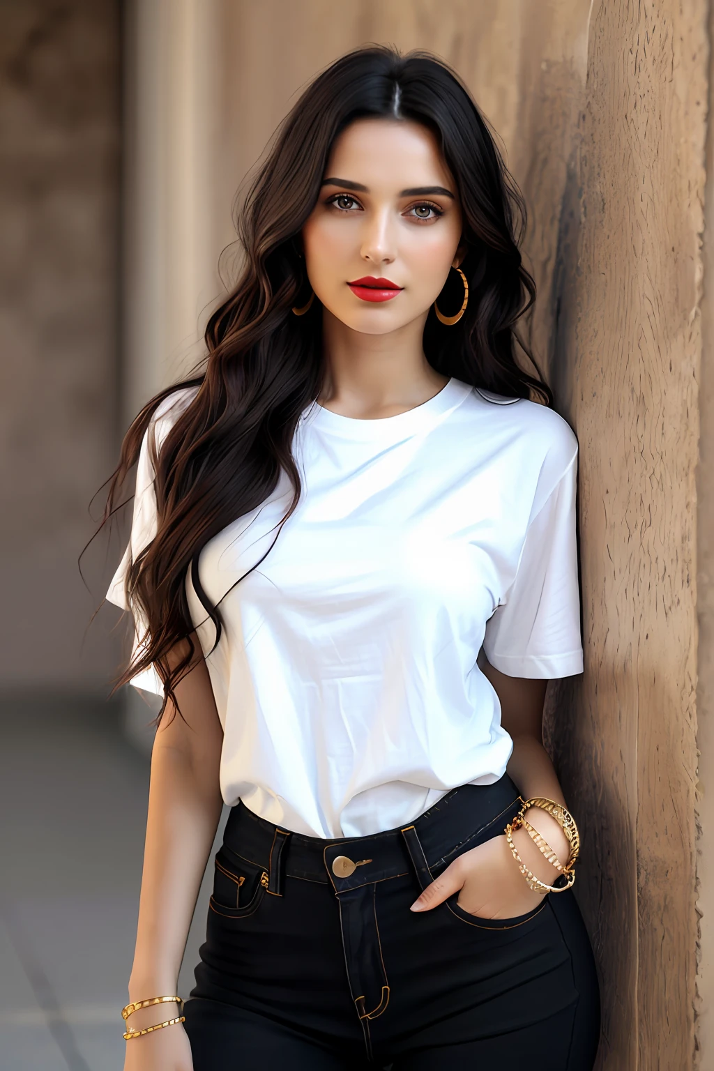 Wavy brown hair, (RAW photo, realism: 1.8), (very dark lip gloss, Red lipstick, many eyelashes, dark black eye shadow, shy, blushing, high quality, high resolution, depth of field, chromatic aberration, caustic, wide light, natural colors, 30 year old woman), Thin neck gold chain, small earrings, gold bracelets, wear many accessories, very soft large breasts, style A good woman, ((Best Quality, 8k, Masterpiece:1.3)), Focus: 1.2, Perfect Body Beauty: 1.4, Arabian 27 years old woman: 1.2, ((Long black Hair)), (Black Baggy basic tee-shirt:1.1) , basic full body length tee-shirt, Dark blue skinny jeans, long torn jeans: 1.1, Highly detailed face and skin texture, Detailed eyes, Double eyelids, toned body, Whitened skin, minor smile, large breasts, toned legs, beautiful detailed feets, High heel's, detailed feets and fingers, perfect feet's, whitened skin, detailed eyes and face, middle eastern woman, baggy basic tee-shirt, simple plain Baggy Tee-shirt, No print on Teeshirt, toned hips, 8K UHD, gold anklets, neck gold chain, model looks, standing in studio for shoot, carrying brown leather hand bag, golden wrist watch, bracelet, bangle's open legs style Posing, studio fashion shoot, gray background, white floor,