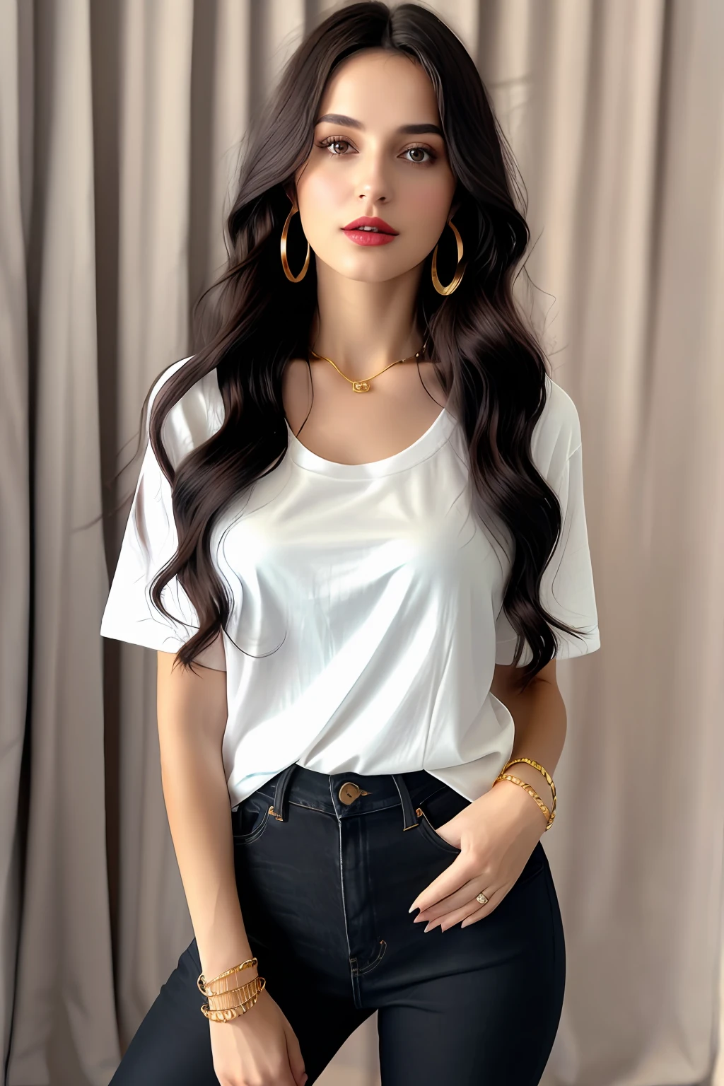 Wavy brown hair, (RAW photo, realism: 1.8), (very dark lip gloss, Red lipstick, many eyelashes, dark black eye shadow, shy, blushing, high quality, high resolution, depth of field, chromatic aberration, caustic, wide light, natural colors, 30 year old woman), Thin neck gold chain, small earrings, gold bracelets, wear many accessories, very soft large breasts, style A good woman, ((Best Quality, 8k, Masterpiece:1.3)), Focus: 1.2, Perfect Body Beauty: 1.4, Arabian 27 years old woman: 1.2, ((Long black Hair)), (Black Baggy basic tee-shirt:1.1) , basic full body length tee-shirt, Dark blue skinny jeans, long torn jeans: 1.1, Highly detailed face and skin texture, Detailed eyes, Double eyelids, toned body, Whitened skin, minor smile, large breasts, toned legs, beautiful detailed feets, High heel's, detailed feets and fingers, perfect feet's, whitened skin, detailed eyes and face, middle eastern woman, baggy basic tee-shirt, simple plain Baggy Tee-shirt, No print on Teeshirt, toned hips, 8K UHD, gold anklets, neck gold chain, model looks, standing in studio for shoot, carrying brown leather hand bag, golden wrist watch, bracelet, bangle's open legs style Posing, studio fashion shoot, gray background, white floor,