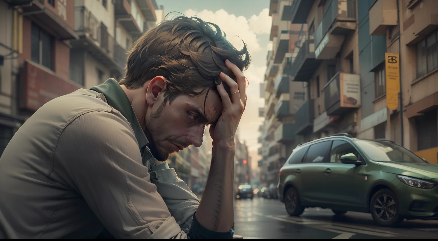 On the left, a person confused by life, with his hands on his head, exuding worry;, a direita tomas shelby confiante como sempre olhando fixamente para a camera. urban landscape. fotorealista, mapeamento de fotons, foto 4k.