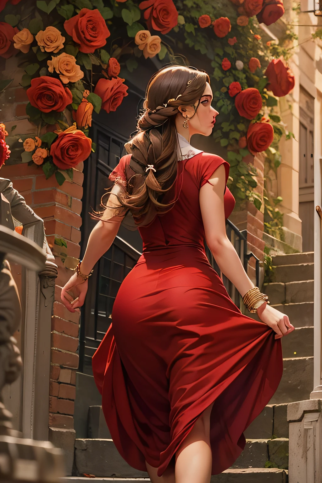Woman walking in city in red dress, roses, brown hair in braids, Romeo and Juliet, Beautiful fece,