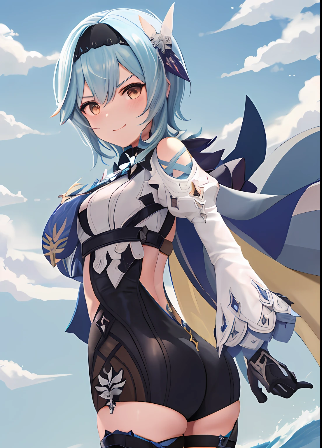 euladef, parte superior do corpo, sorriso, blush, ao ar livre, dia, fundo simples, blue skies, cabelo curto, heaven, templo, olhando para o espectador, escadas, montanha, grumpy lighting, ass