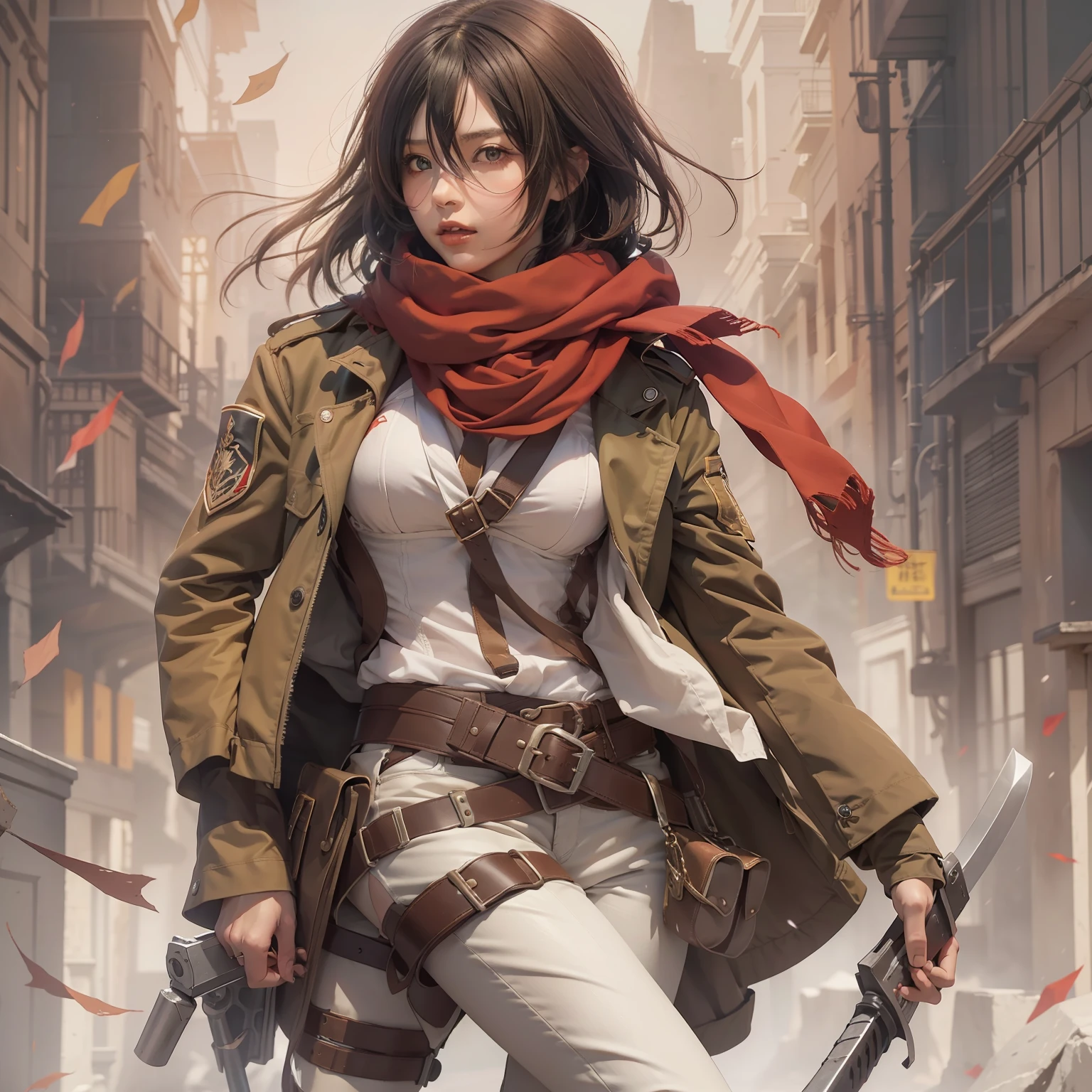 "Desenhe Mikasa Ackerman de Shingeki no Kyojin em uma pose de mestra ao ar livre. Ela tem cabelo curto preto, olhos negros e usa uma jaqueta marrom com mangas compridas, white pants and a red scarf. She holds a sword in her hands. Ao fundo, inclua um ambiente muito detalhado, com o paradis uniforme militar e equipamento de manobra tridimensional. Mikasa is standing, with determined expression and an elegant scarf. Her hair is straight and fringed. Adicione detalhes como cintos, fivelas, emblemas e colarinho de asa para tornar o desenho uma obra-prima."