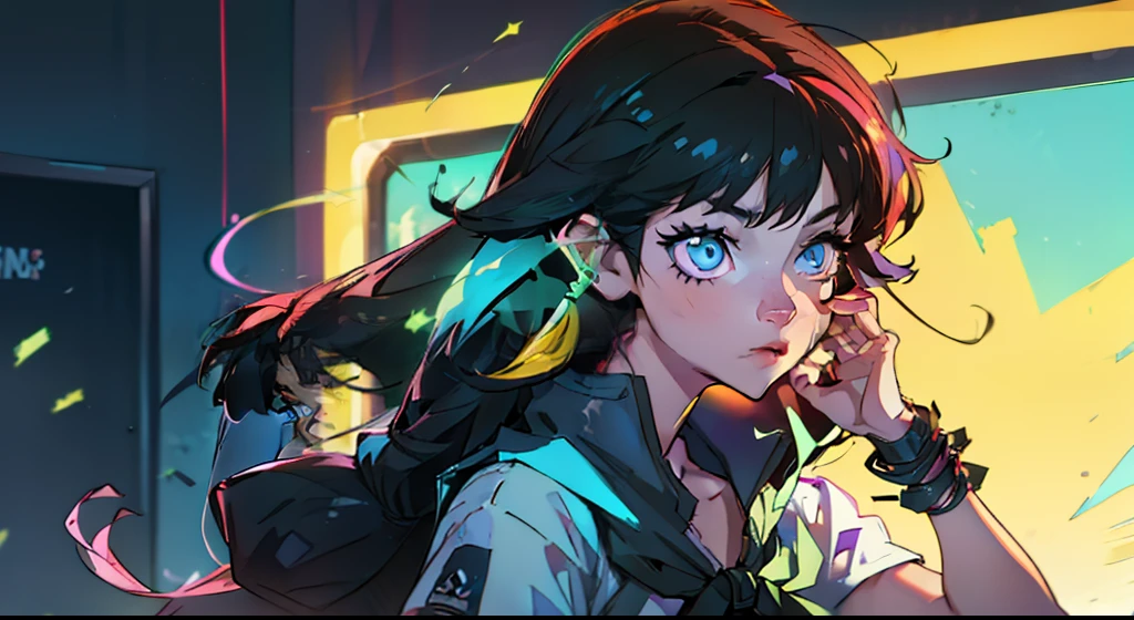 Create a girl with long disheveled black hair and yellow eyes, Looking to the right side, Expression of doubt, hand on her chin, ciberpunk, gamer, white clothing, monitor, in a room with neon lights, Good Quality, perfect anatomy, 8K, Masterpiece, by (Holax), Long hair, messy  hair, Neon, earphones, ciberpunk, neon purple, neon yellow, Neon blue, Cyberwave,  Best Character Design