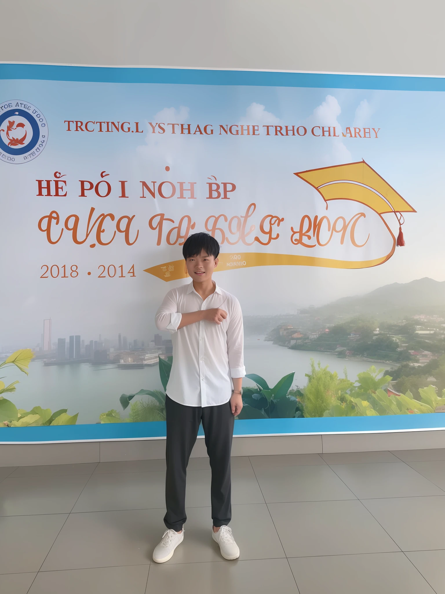 there is a man standing in front of a banner with a graduation cap on it, ngai victo, dao trong le, in front of white back drop, 🚿🗝📝, with a city in the background, hoang long ly, profile picture 1024px, quy ho, dzung phung dinh