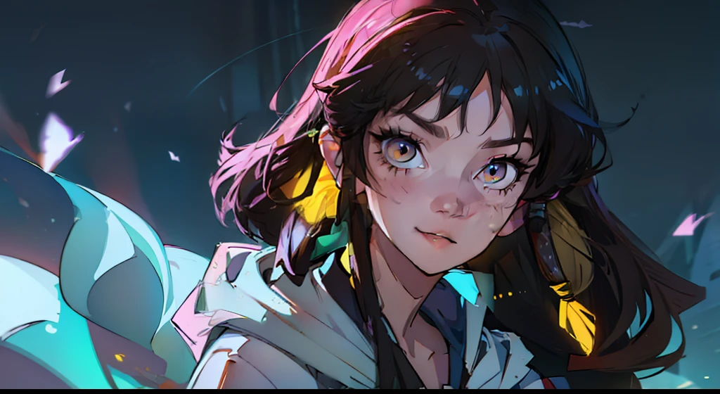 ((Super Detail Face, higly detailed)),(Create a girl with long disheveled black hair and yellow eyes in a white cloak), Looking at a bright computer screen, Concentrated expression,Smiling, gamer,, monitor, night time, Good Quality, perfect anatomy, 8K, Masterpiece, by (Holax), Long hair, messy  hair, Neon, earphones, ciberpunk, neon purple, neon yellow, Neon blue, Cyberwave, Best Character Design