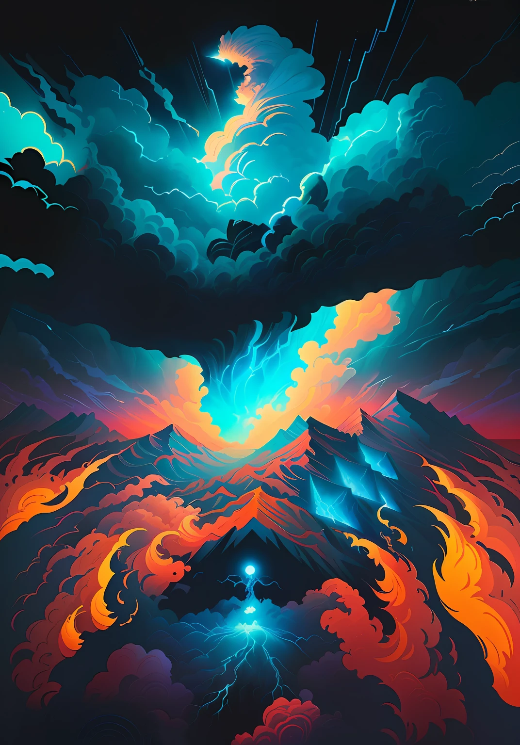 Blue sky，dark stormy clouds， rob rey and kentarõ miura style, inspired by Kilian Eng, studio ghibli and dan mumford, jen bartel, fractal thunder dan mumford, author：kilian eng, rob rey and kentaro miura style, dan mumford tom bagshaw, Poster illustration